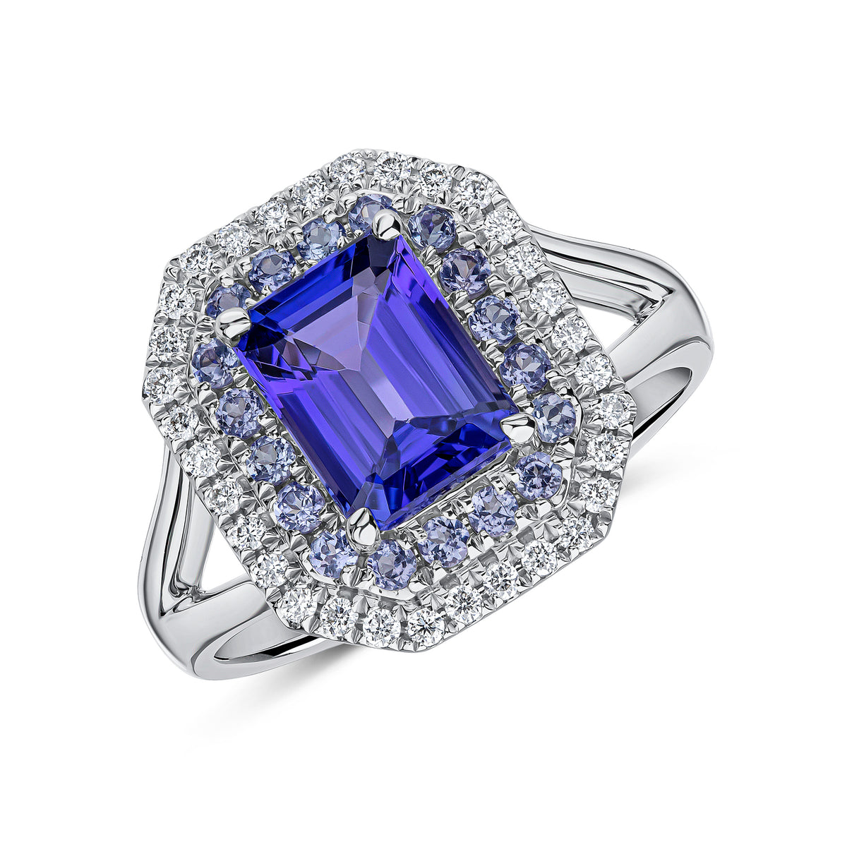 18CT WG 8X6 OCTAGON TANZANITE, ROUND TANZANITE AND DIAMOND 2 ROW BORDER CLUSTER RING