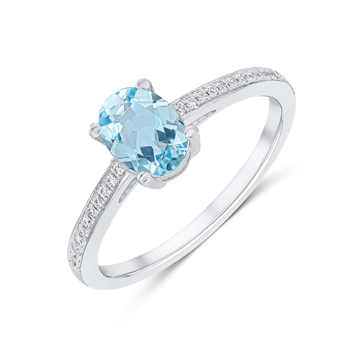 18CT WHITE GOLD CLAW SET OVAL 7X5 AQUA SINGLE STONE RING WITH GRAIN SET DIAMOND SHOULDERS