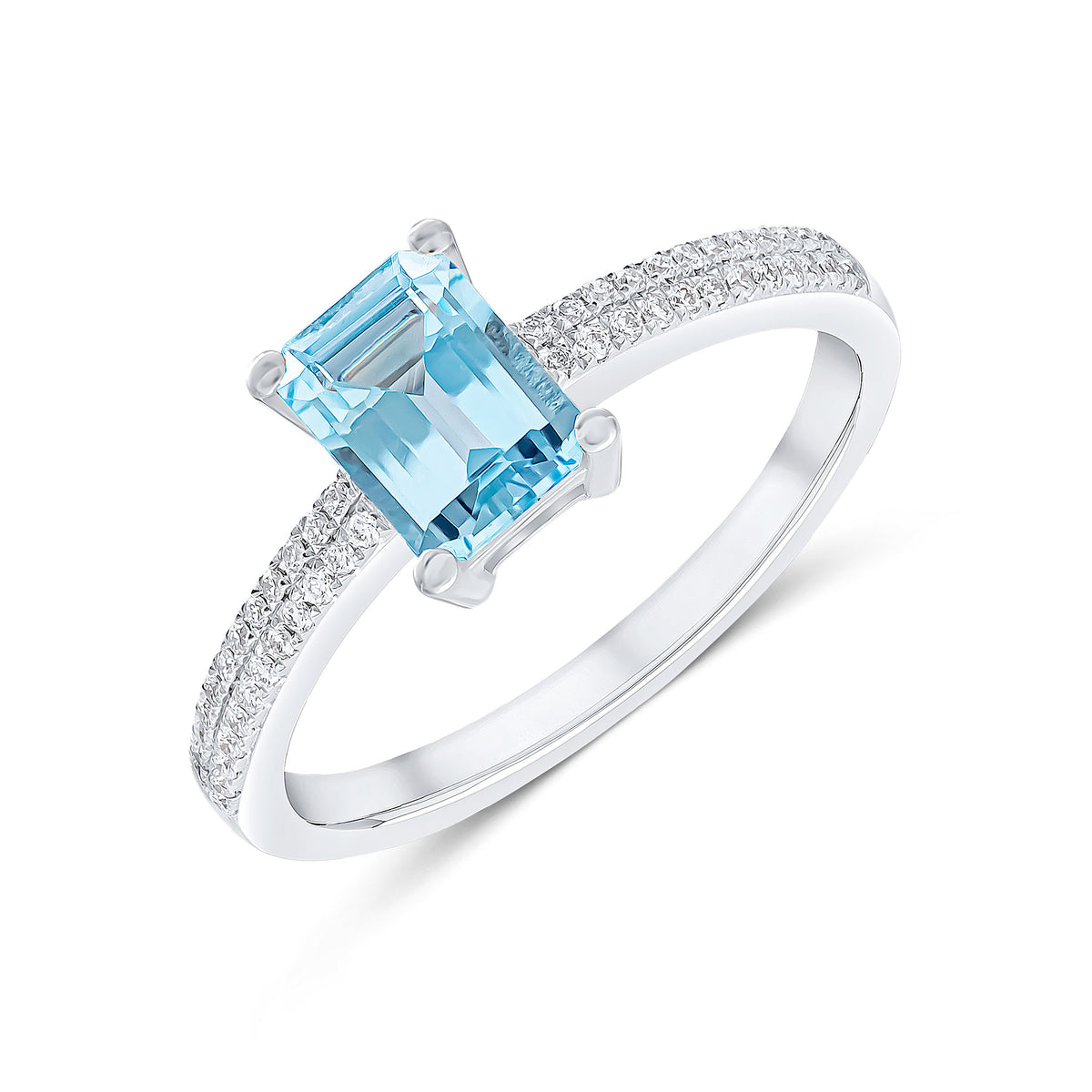 18CT WG CLAW SET 7X5 OCTAGON AQUA SINGLE STONE RING WITH PAVE SET DIAMOND SHOULDERS