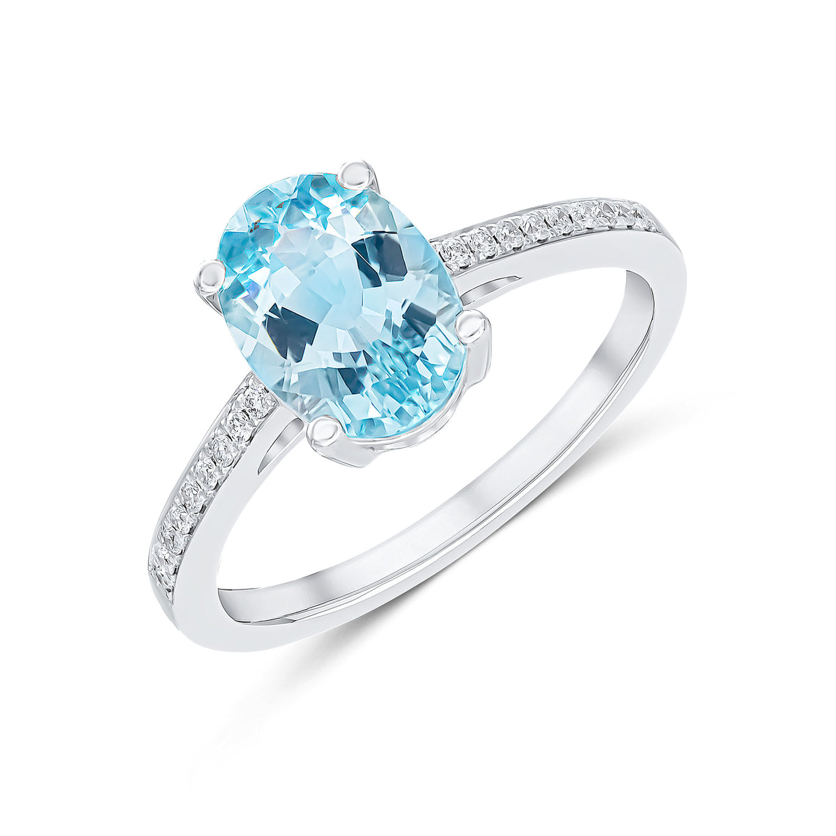 18CT WHITE GOLD CLAW SET OVAL 9X7MM AQUA SINGLE STONE RING WITH GRAIN SET DIAMOND SHOULDERS