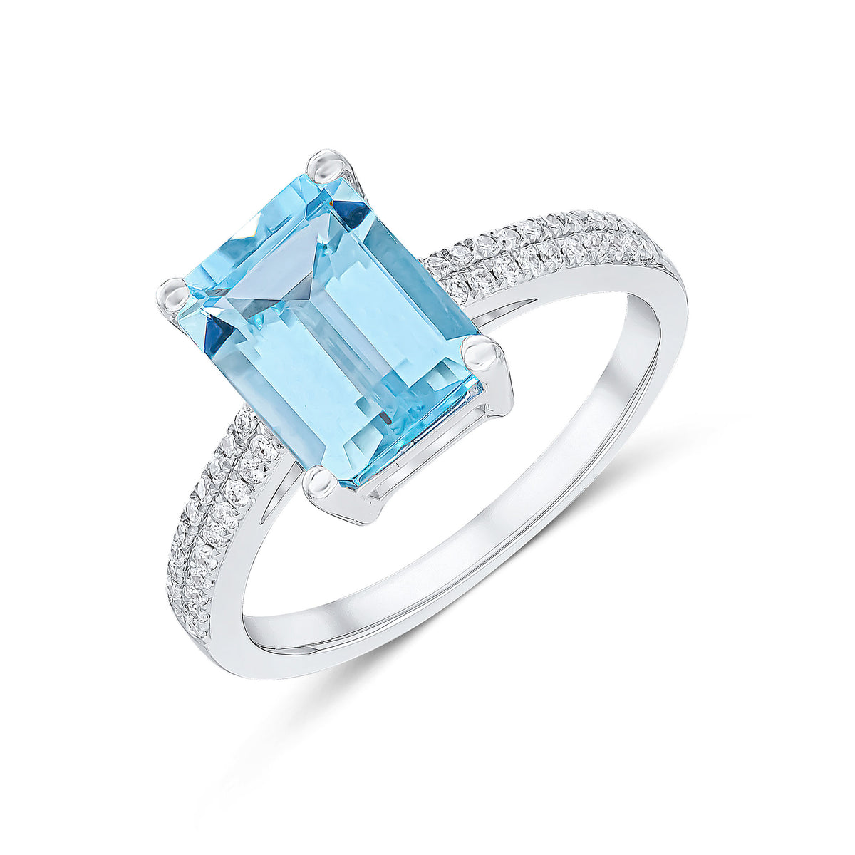 18CT WG CLAW SET 9X7 OCTAGON AQUA SINGLE STONE RING WITH GRAIN SET DIAMOND 2 ROW SHOULDERS