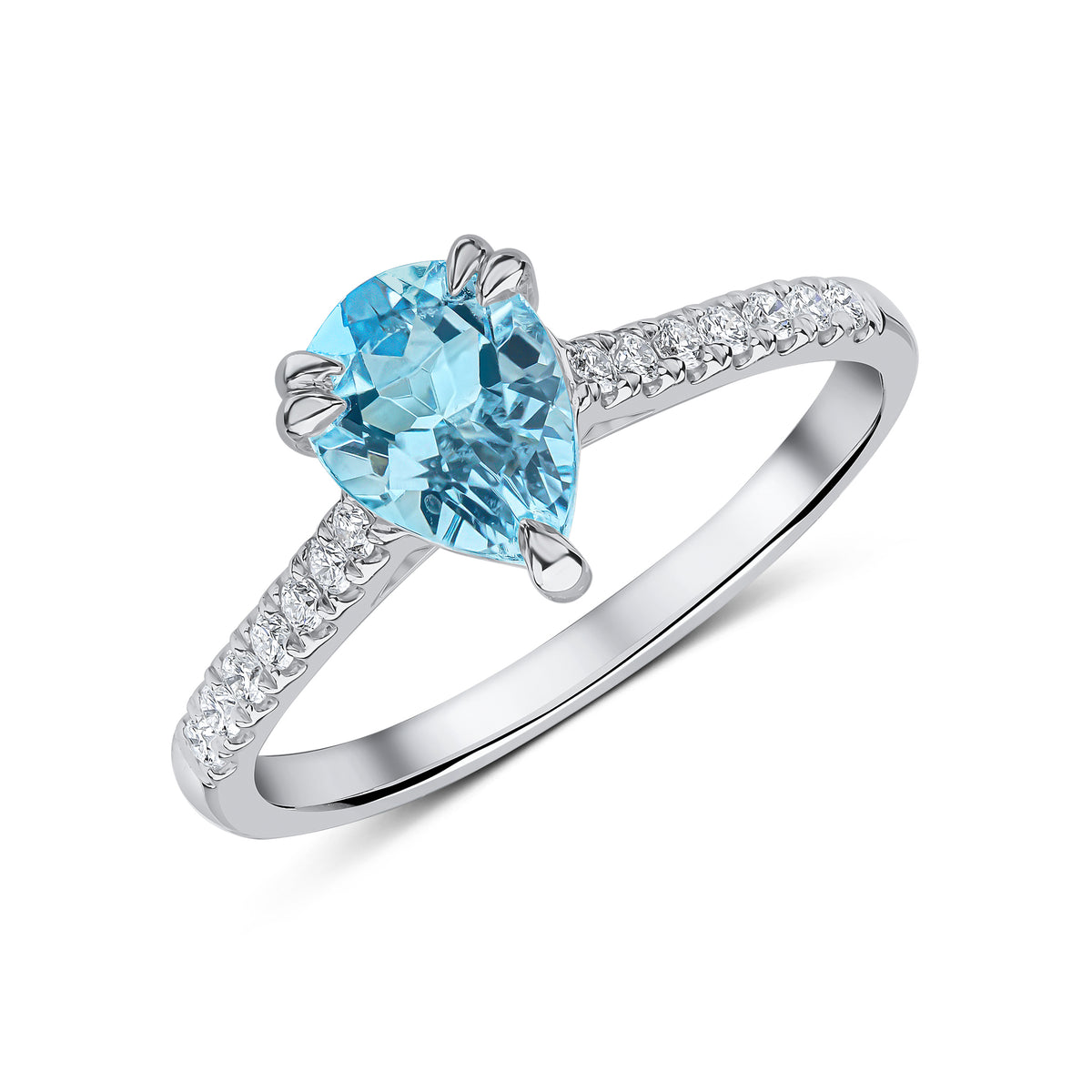 18CT WG 8X6 PEARSHAPE AQUA SINGLE STONE RING WITH DIAMOND SET SHOULDERS