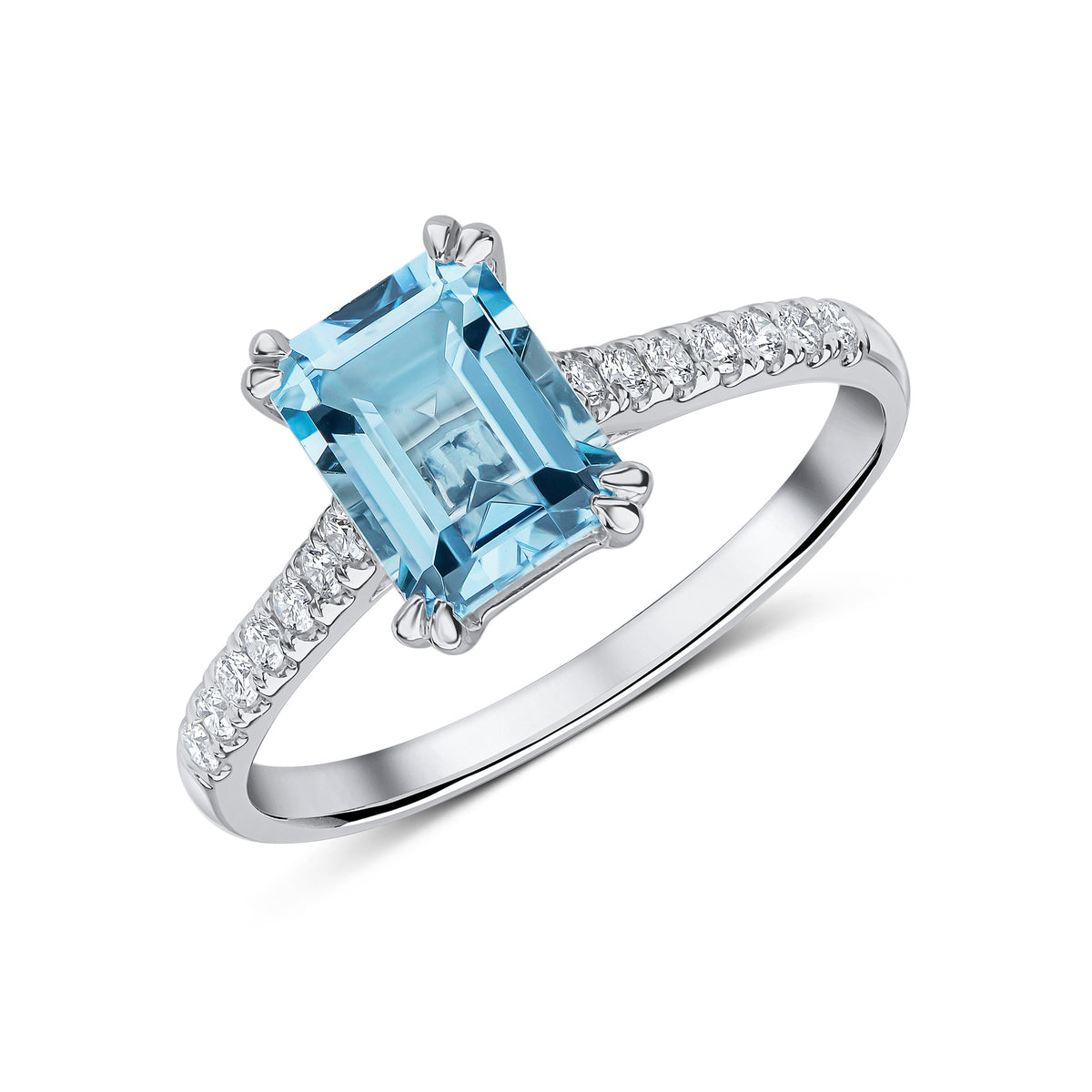 18CT WG 8X6MM OCTAGON AQUA SINGLE STONE RING WITH DIAMOND SET SHOULDERS