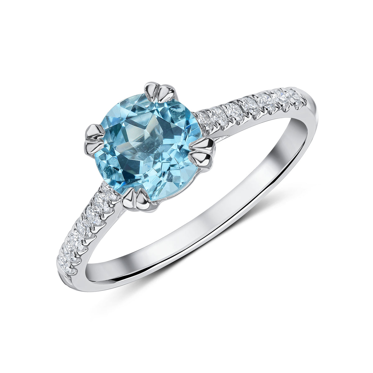18CT WG 7MM ROUND AQUA SINGLE STONE RING WITH DIAMOND SET SHOULDERS