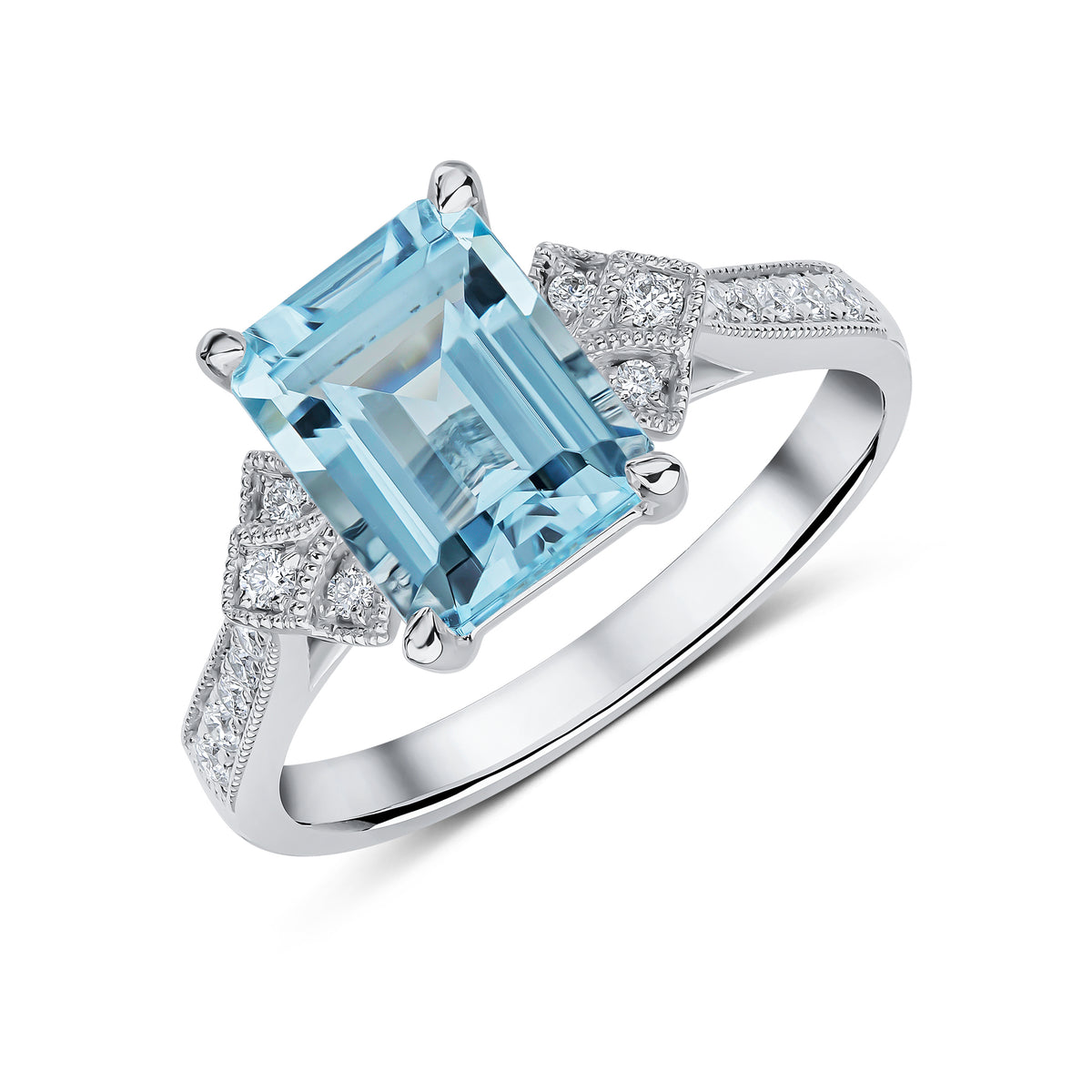 18CT WG OCTAGON AQUA SINGLE STONE RING WITH DIAMOND MILLEGRAIN SET SHOULDER MOTIFS