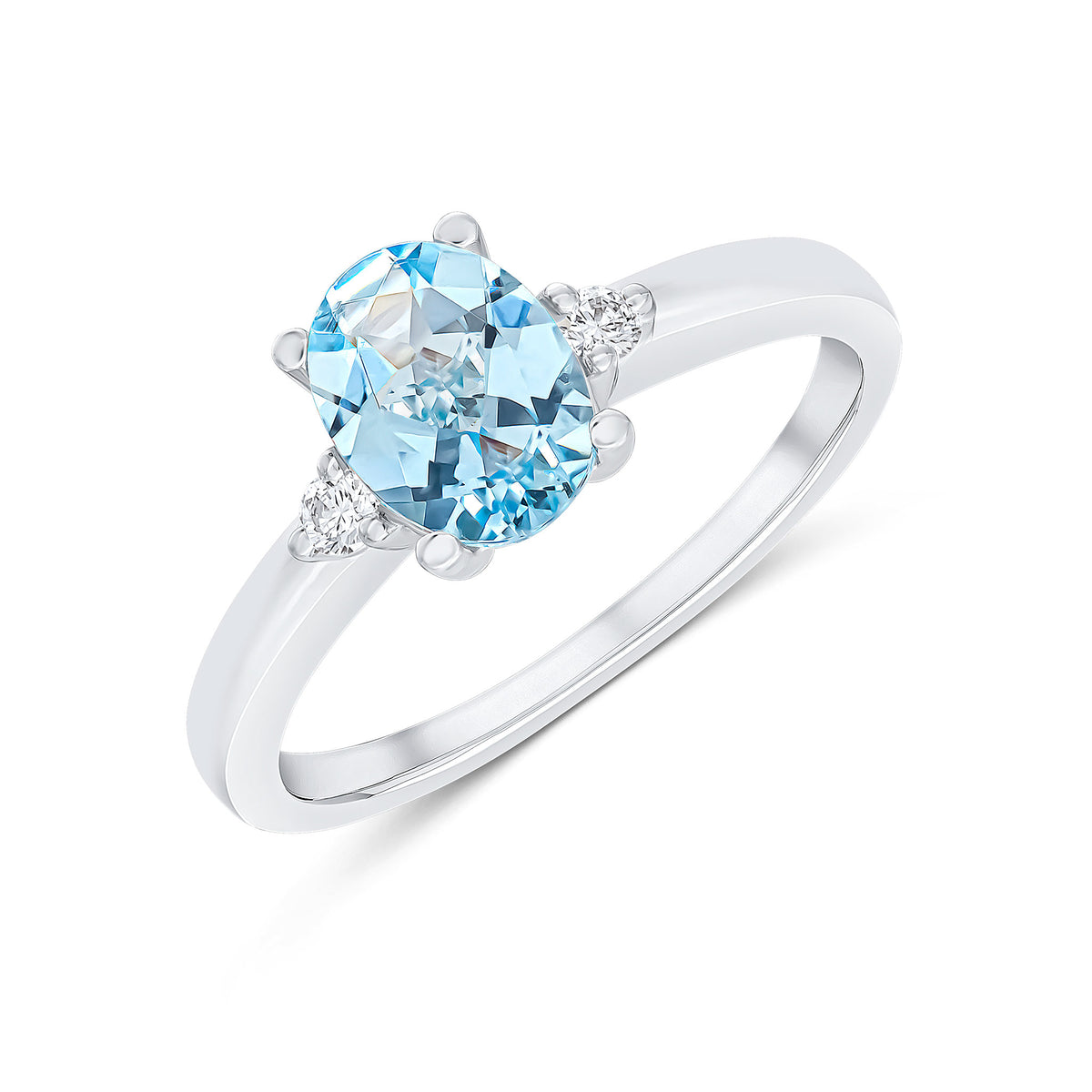 18CT WG 8X6 OVAL AQUA AND DIAMOND CLAW SET 3ST RING