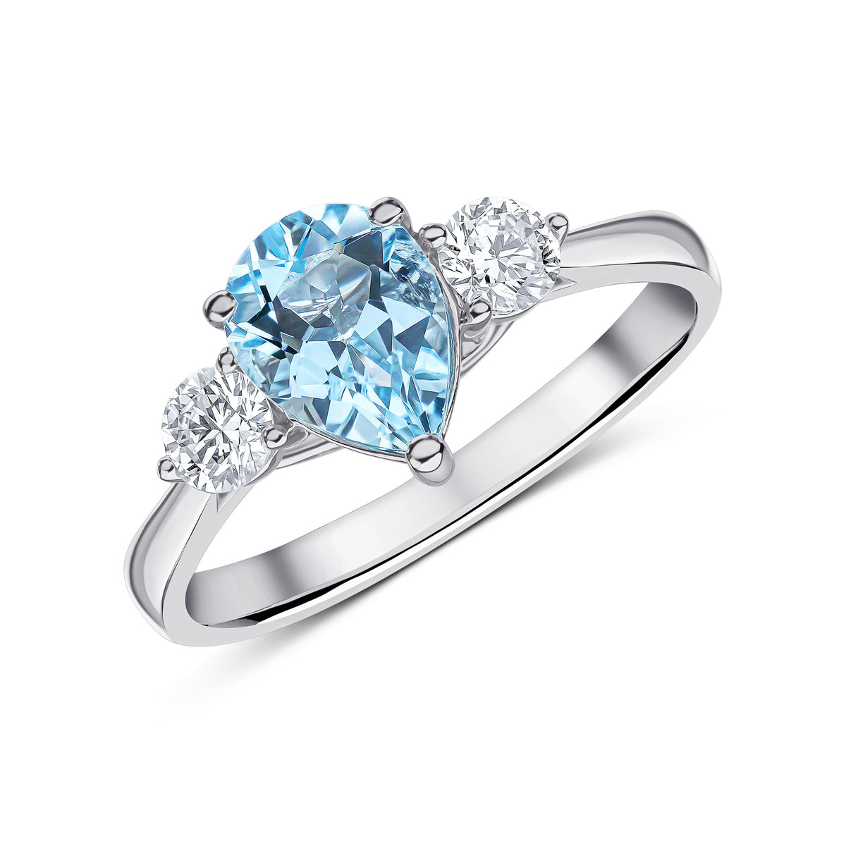 18CT WG 8X6 PEARSHAPE AQUA AND ROUND DIAMOND CLAW SET 3ST RING