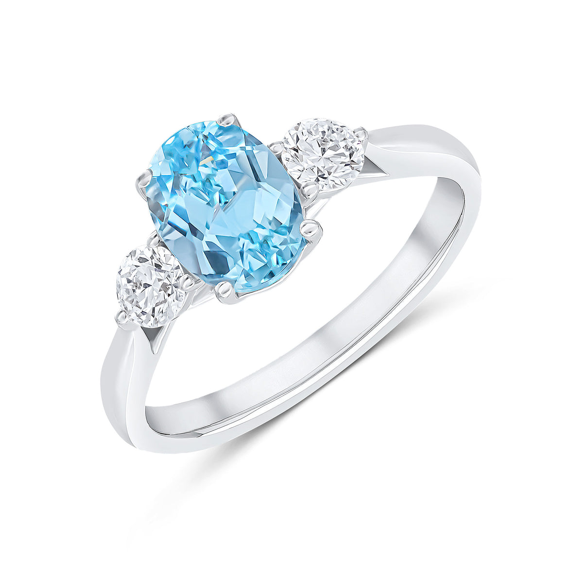 18CT WG 8X6 OVAL AQUA AND ROUND DIAMOND 3ST CLAW SET RING