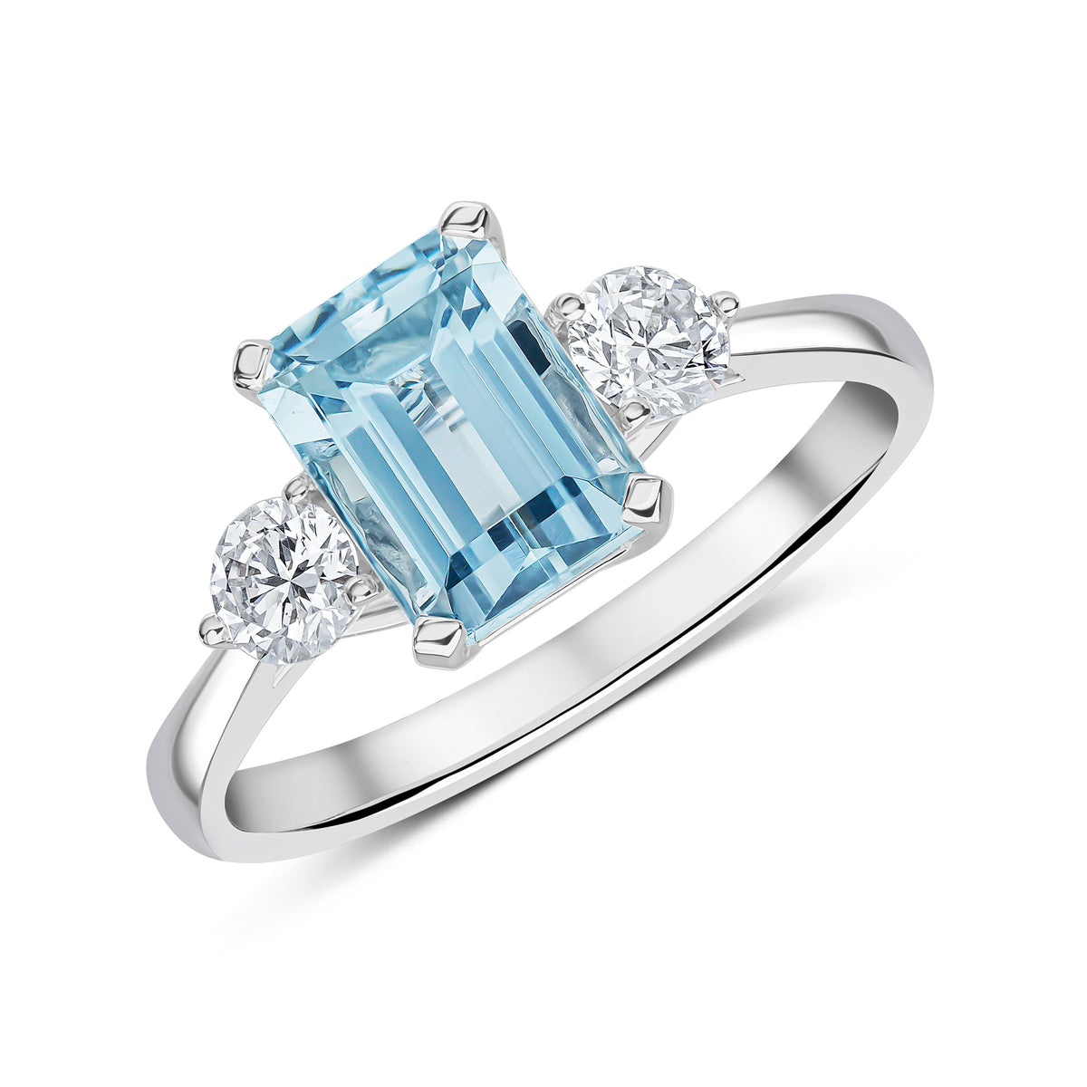 18CT WG 8X6 OCTAGON AQUA AND ROUND DIAMOND CLAW SET 3ST RING