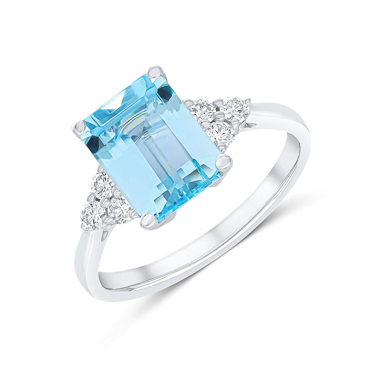 18CT WG 9X7 OCTAGON AQUA AND DIAMOND TREFOIL SHOULDERS CLAW SET RING