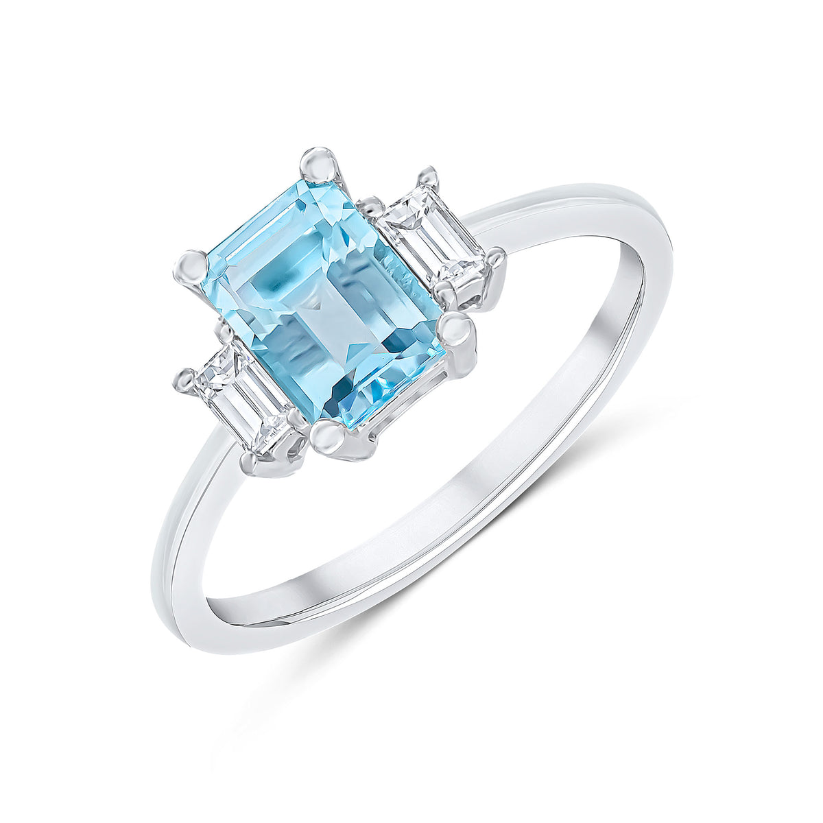 18CT WG 7X5 OCTAGON AQUA AND BAGUETTE DIAMOND CLAW SET 3ST RING