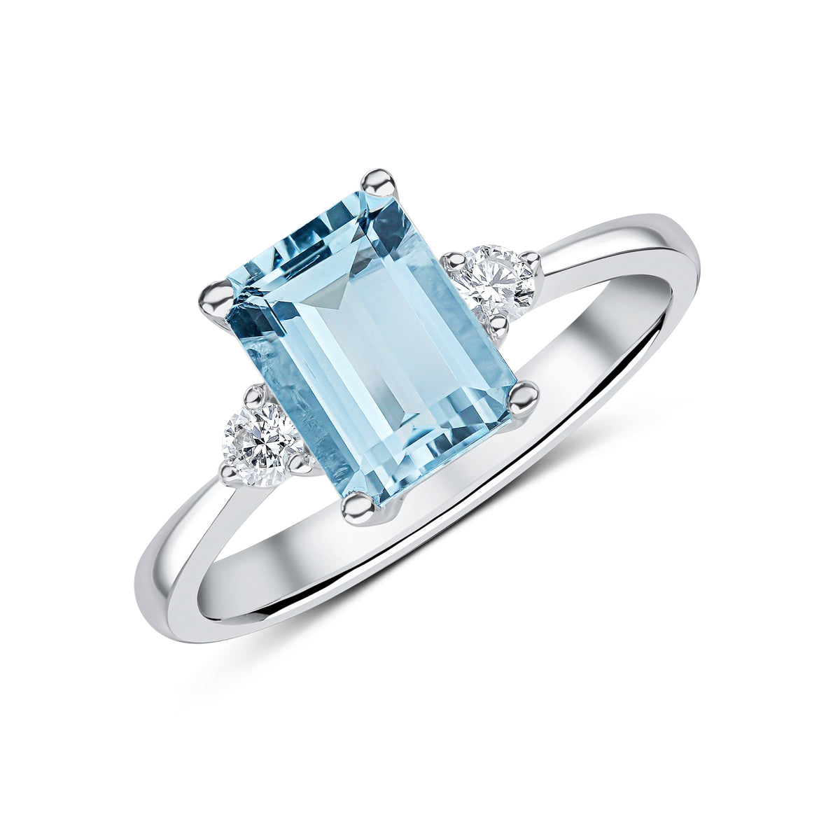 18CT WG 8X6MM OCTAGON AQUA & ROUND DIAMOND CLAW SET 3ST RING