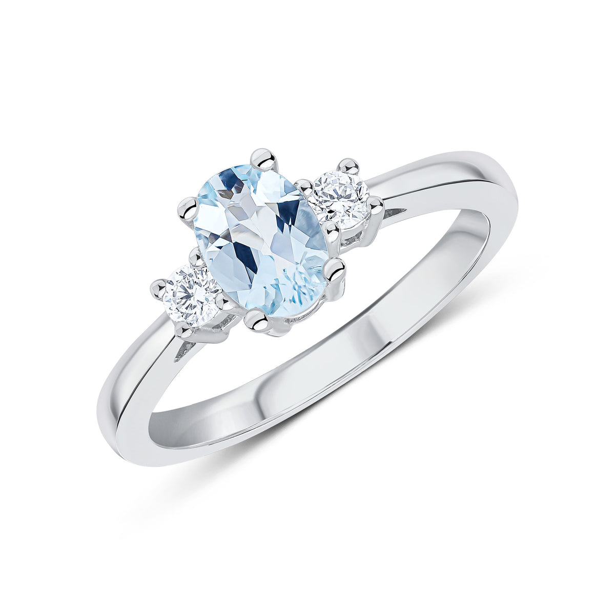 18WG 7x5 OVAL AQUA & DIAMOND 3 STONE RING
