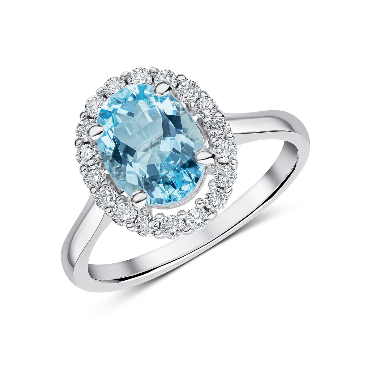 18CT WG 9X7 OVAL AQUA AND DIAMOND CLAW CLUSTER RING