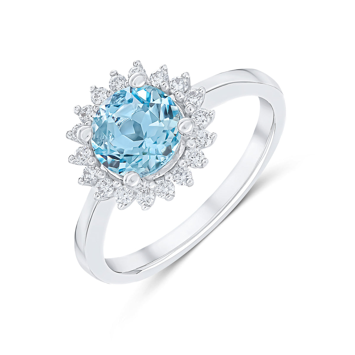 18CT WHITE GOLD 7MM ROUND AQUA AND DIAMOND CLAW SET CLUSTER RING