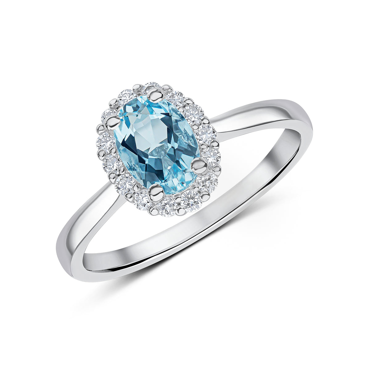 18CT WG 7X5 OVAL AQUA AND DIAMOND CLAW CLUSTER RING