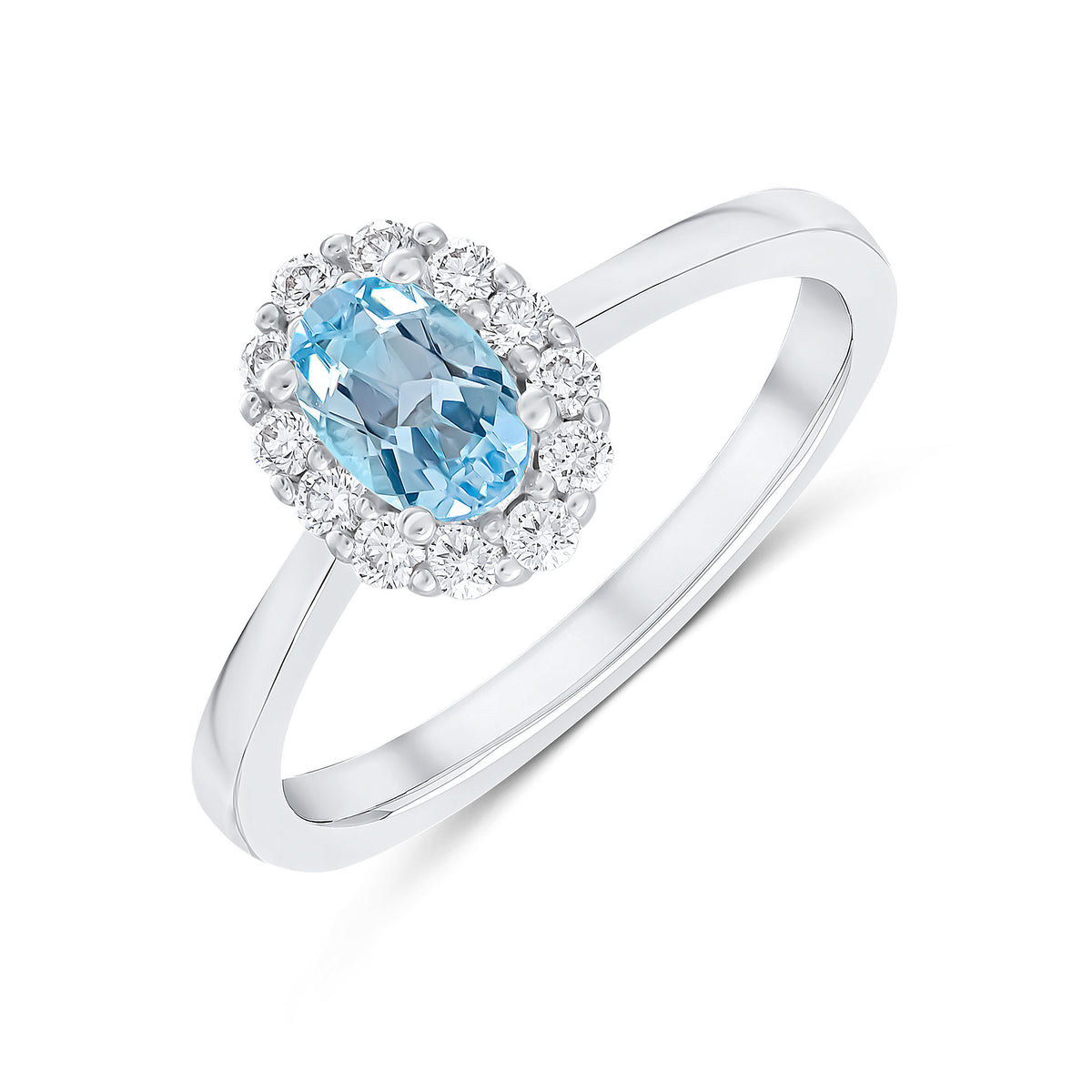 18CT WG 6X4 OVAL AQUA AND DIAMOND CLAW SET CLUSTER RING