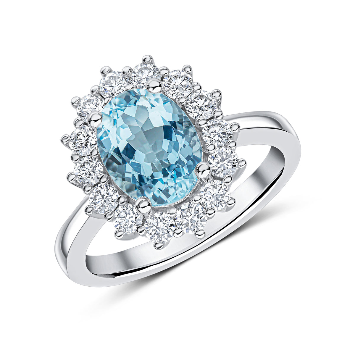 18CT  WG 9X7 OVAL AQUA & ROUND DIAMOND CLAW SET CLUSTER RING