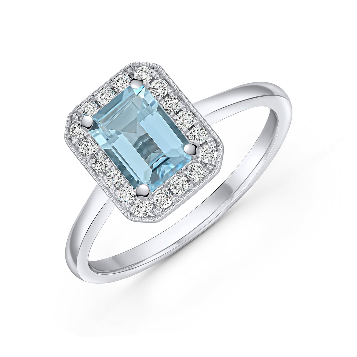18CT WHITE GOLD CLAW SET OCTAGON AQUA AND DIAMOND CLAW AND GRAIN SET CLUSTER RING