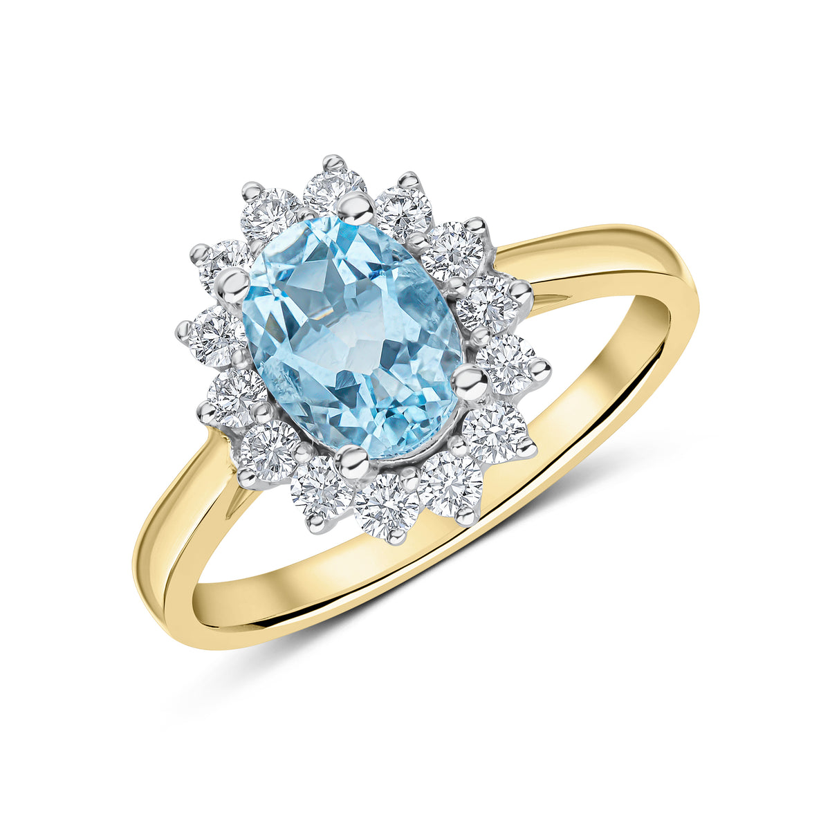 18CT YWG  8X6 OVAL AQUAMARINE & DIAMOND CLAW SET CLUSTER RING