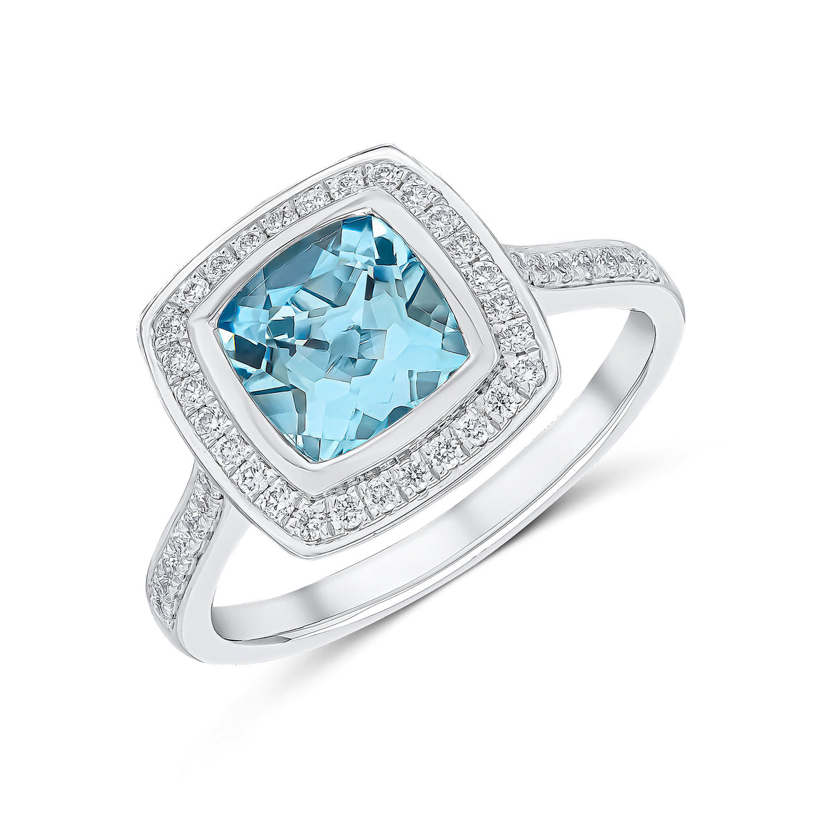 18CT WG RUBOVER CUSHION AQUA & DIAMOND GRAIN SET CLUSTER RING WITH DIAMOND SET SHOULDERS