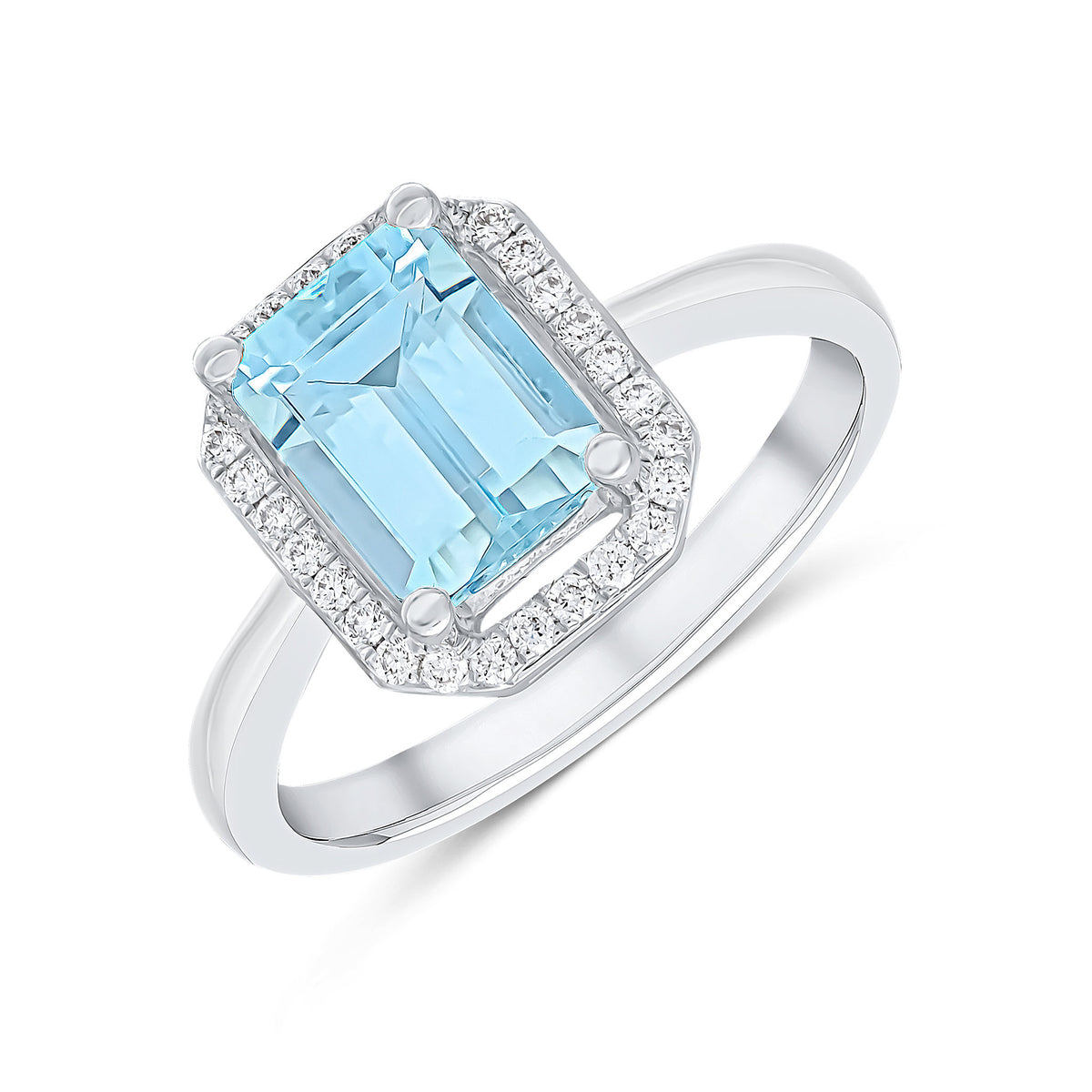 18CT WHITE GOLD OCTAGON AQUA AND DIAMOND CLAW AND GRAIN SET HALO CLUSTER RING