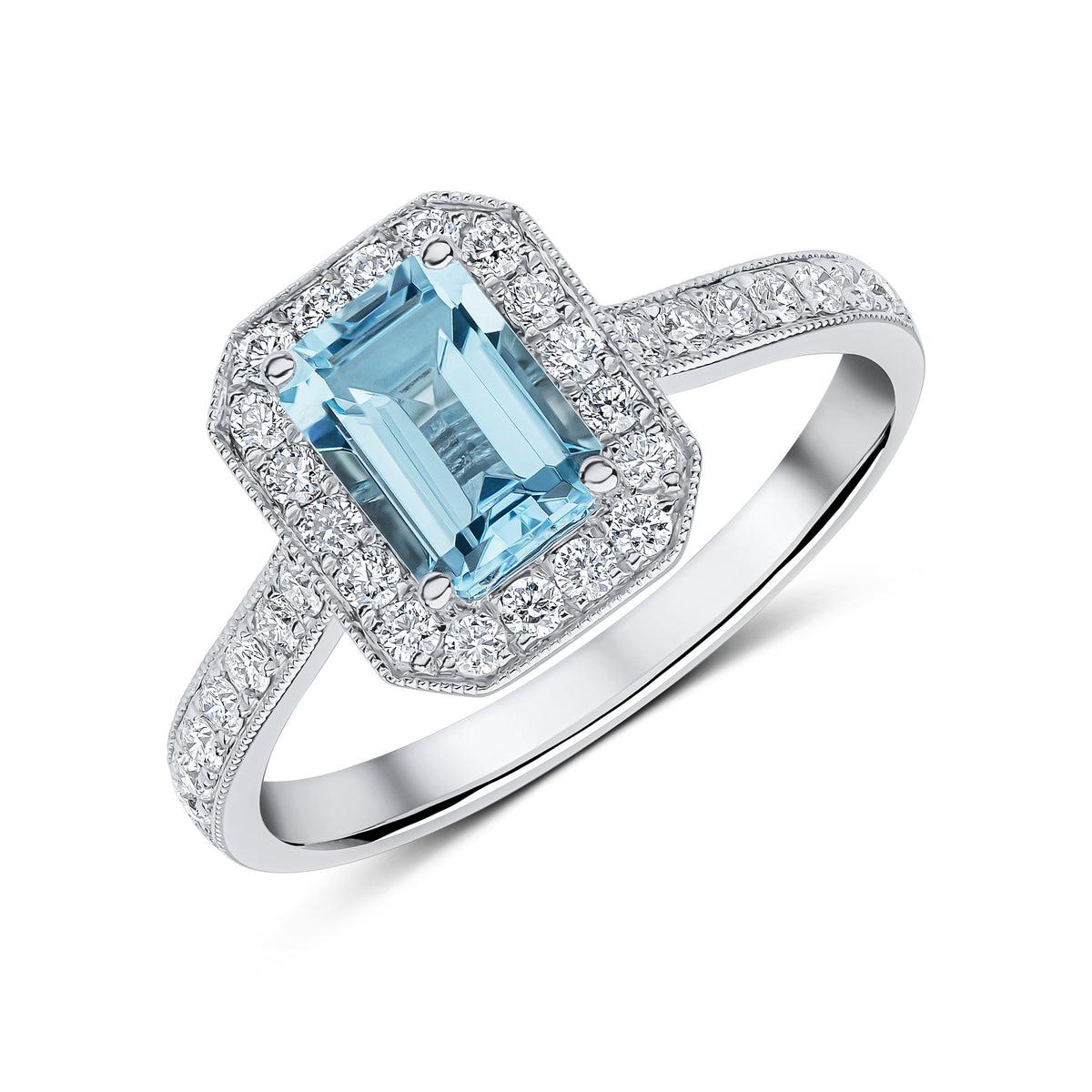 18CT WG 7X5 OCTAGON AQUA AND DIAMOND MILLEGRAIN CLUSTER RING WITH DIAMOND SET SHOULDERS