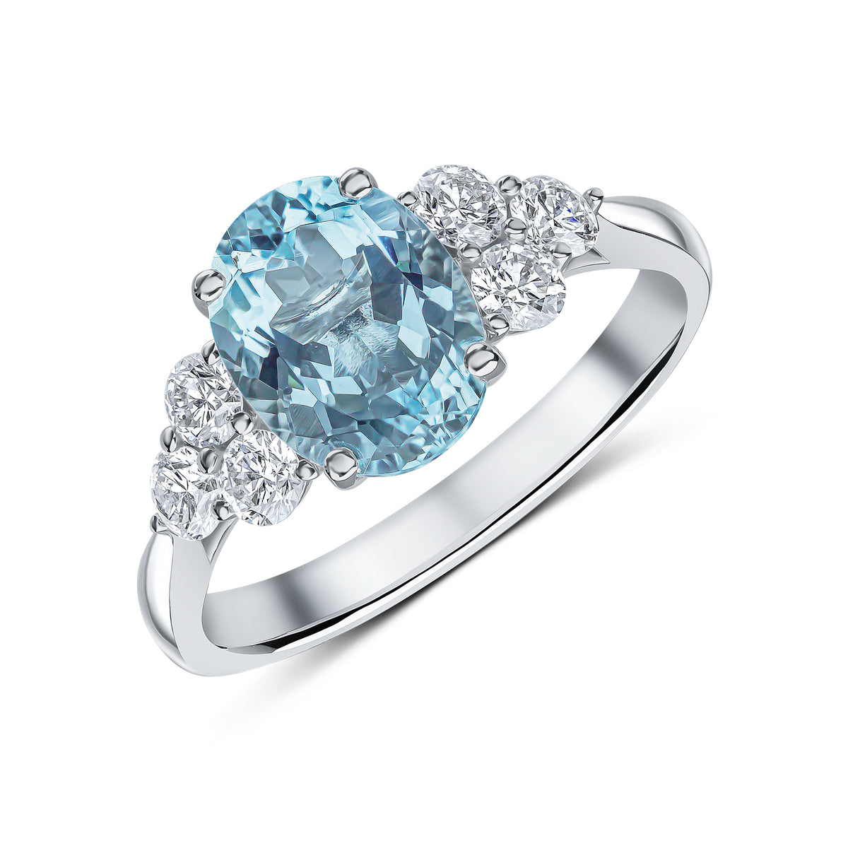 18CT WG 9X7 OVAL AQUA AND DIAMOND TREFOIL SHOULDERS CLAW SET RING