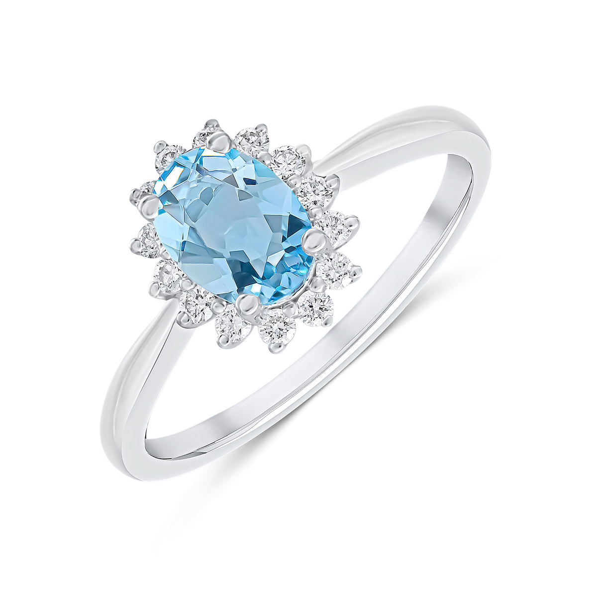 18CT WHITE GOLD 7X5 OVAL AQUA AND DIAMOND CLAW CLUSTER RING