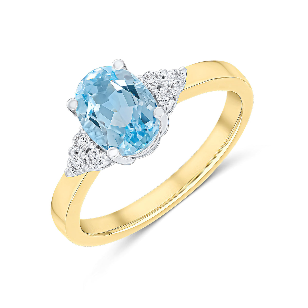18CT YWG 8X6MM OVAL AQUA AND DIAMOND TREFOIL SHOULDERS CLAW SET RING
