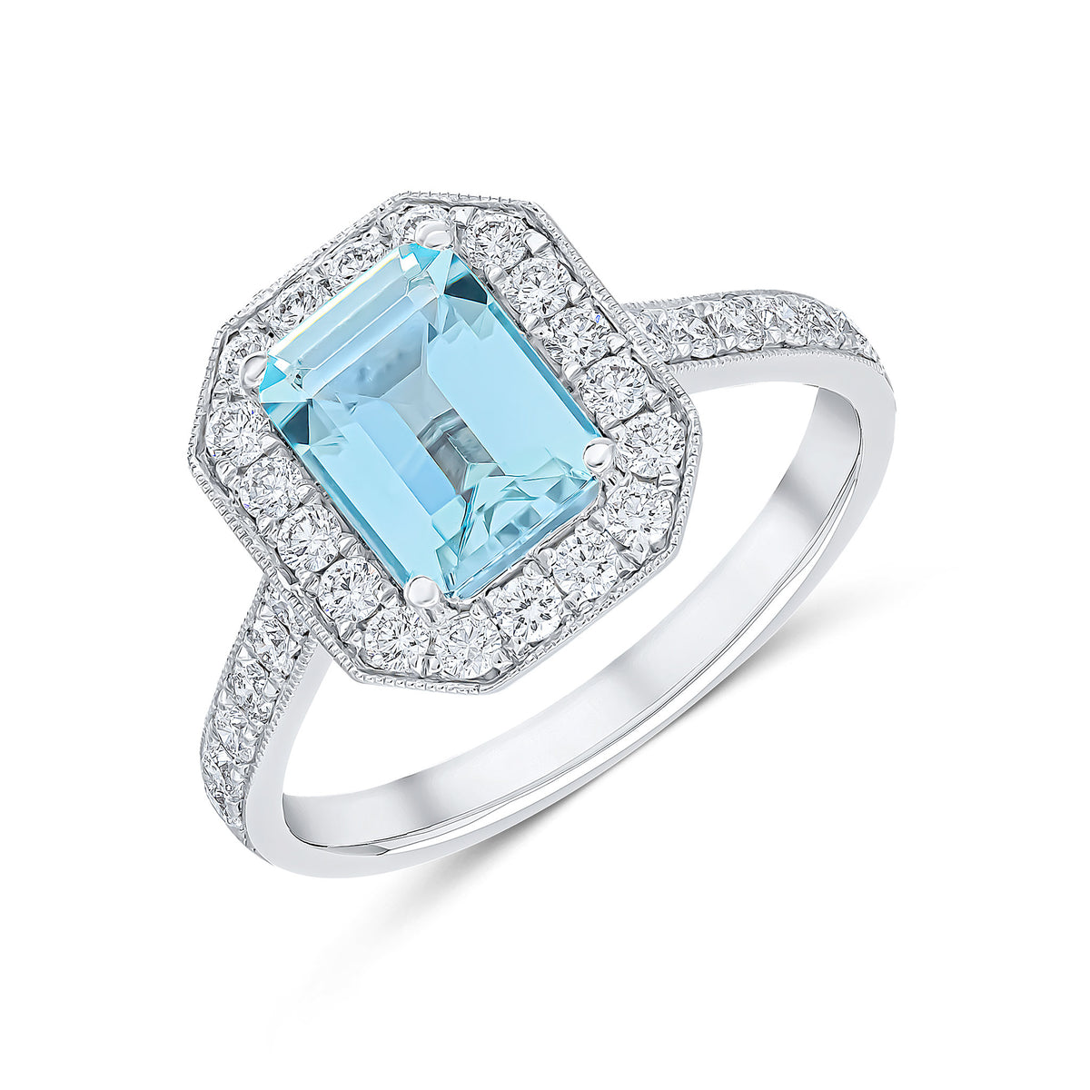 18CT WG CLAW SET 8X6 OCTAGON AQUA AND MILLEGRAIN SET DIAMOND CLUSTER RING WITH ROUND DIAMOND SHOULDERS