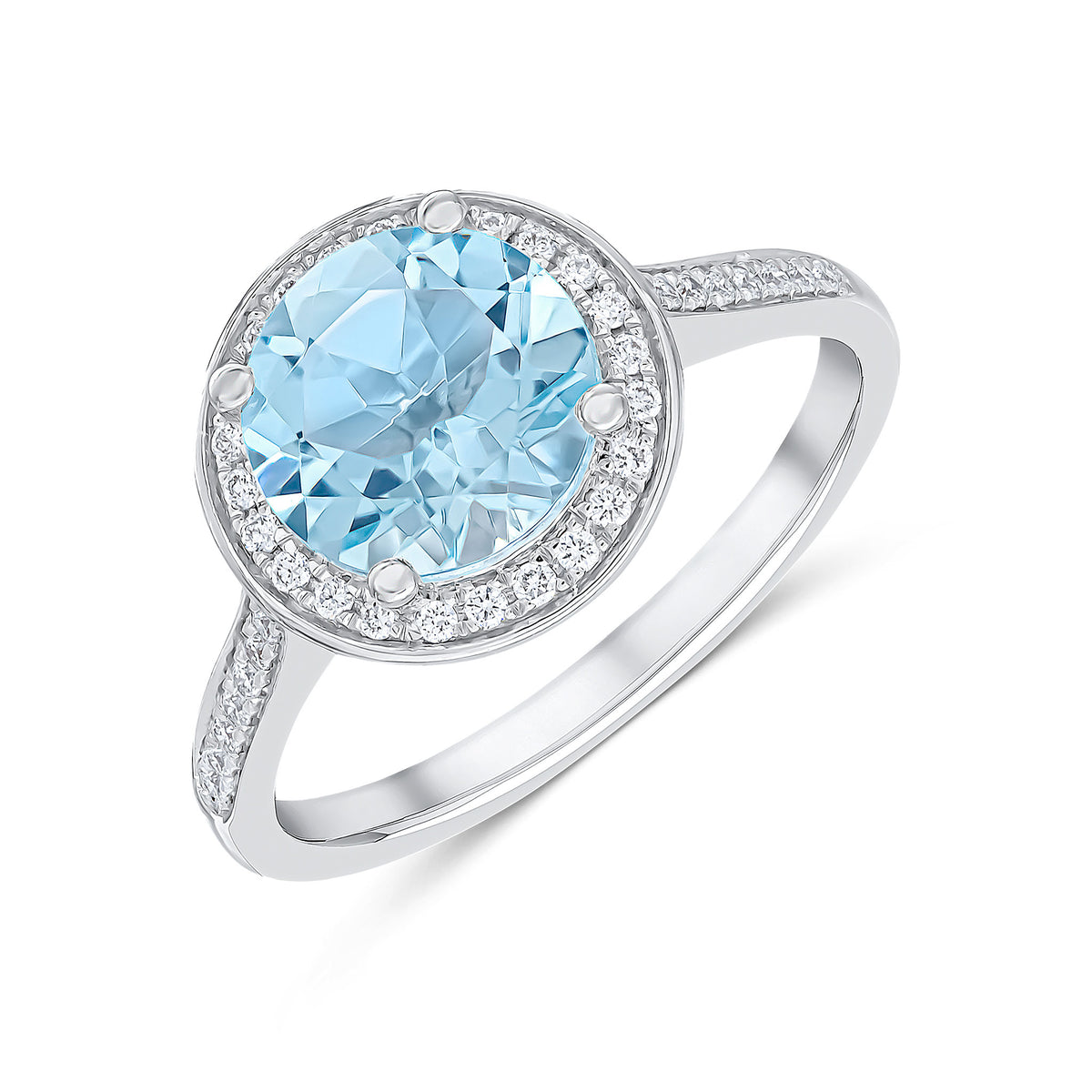 18CT WHITE GOLD ROUND AQUA AND DIAMOND CLAW AND MILLEGRAIN CLUSTER RING WITH DIAMOND SET SHOULDERS