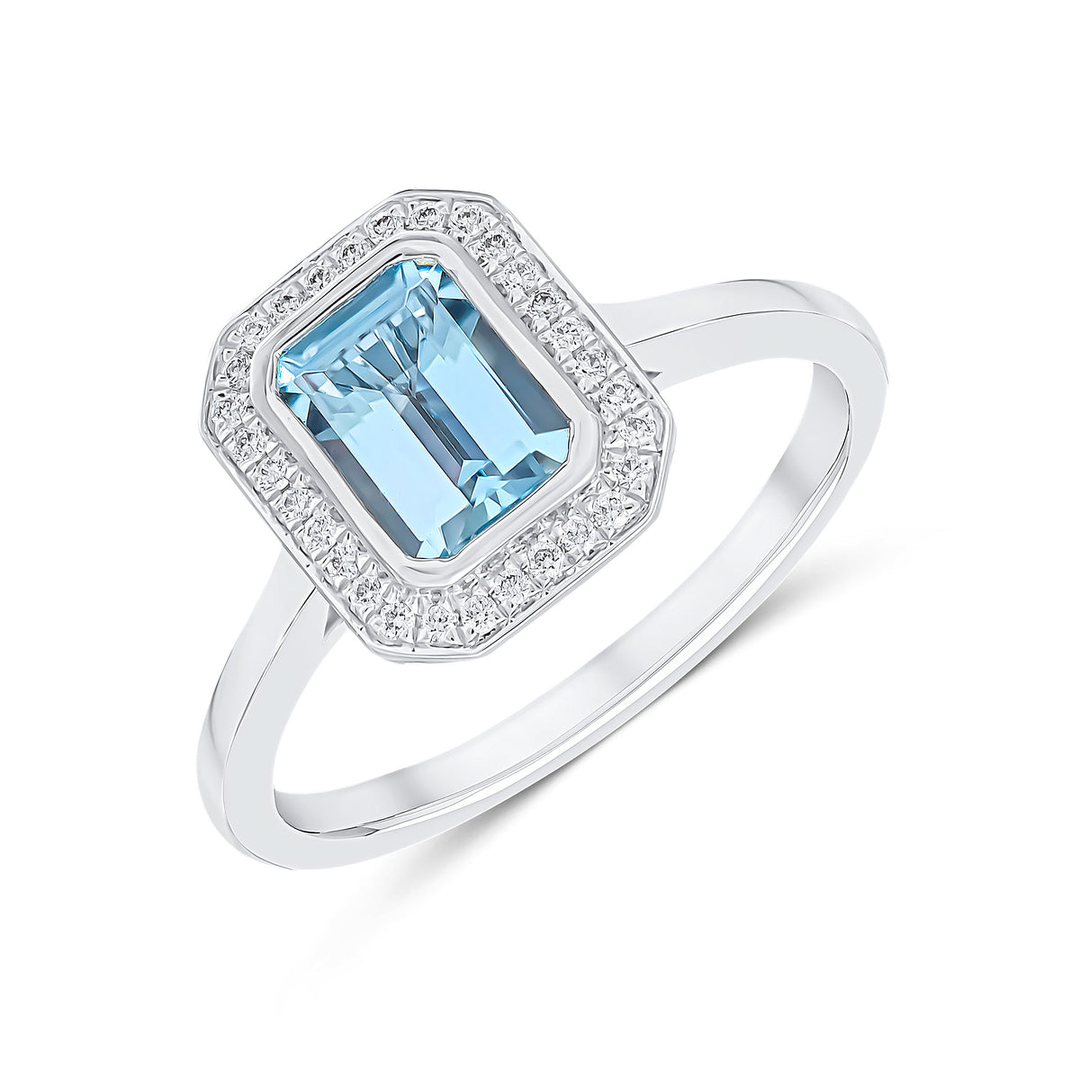 18CT WG RUBOVER OCTAGON AQUA AND GRAIN SET DIAMOND CLUSTER RING