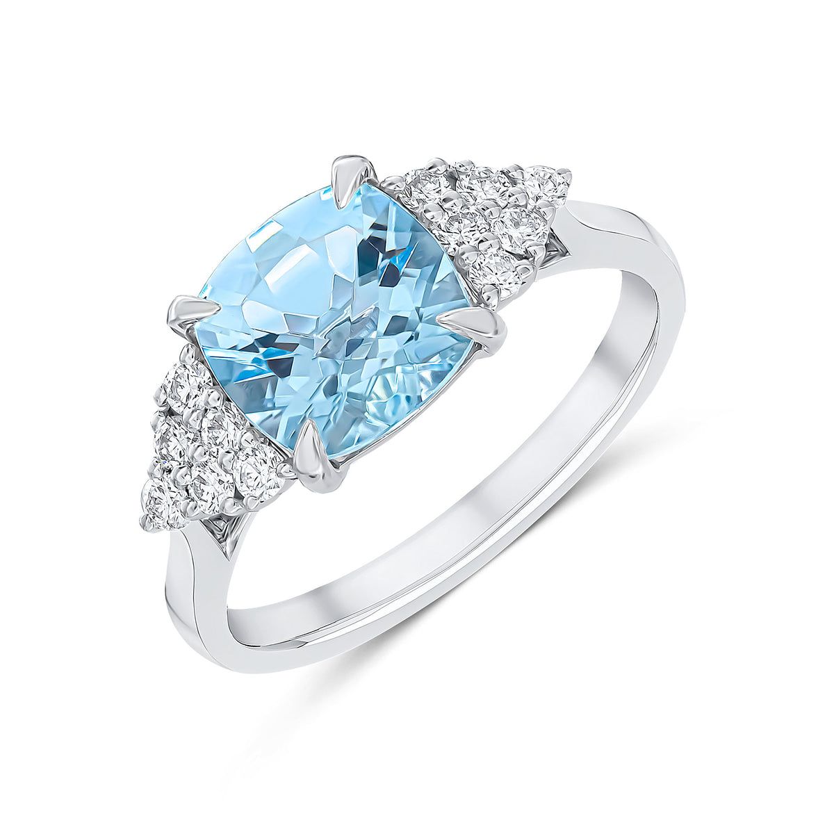 18CT WG 8MM CUSHION AQUA AND ROUND DIAMOND 'TREFOILS' SHOULDER CLAW SET RING