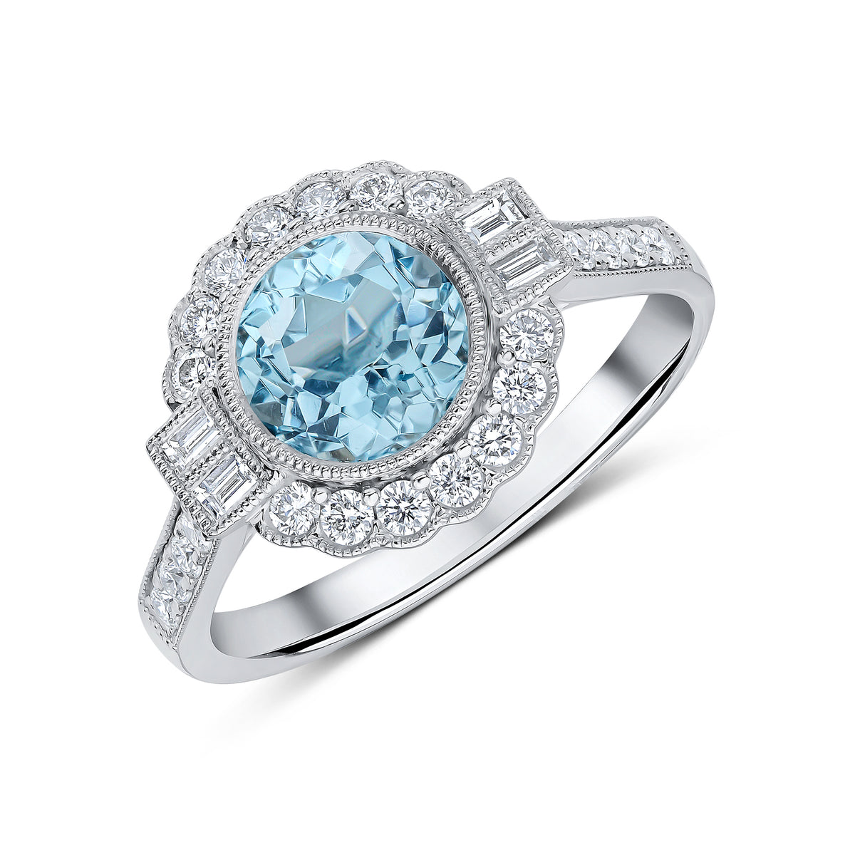 18CT WG ROUND AQUA, ROUND AND BAGUETTE DIAMOND MILLEGRAIN CLUSTER RING WITH DIAMOND SET SHOULDERS