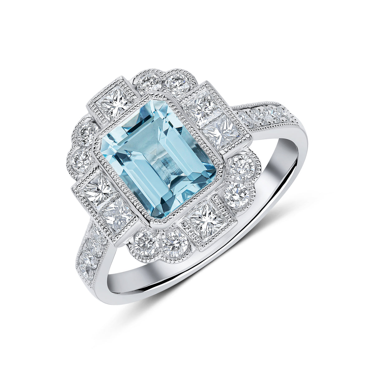 18CT WG OCTAGON AQUA AND PRINCESS CUT AND ROUND DIAMOND MILLEGRAIN SET FANCY CLUSTER RING WITH DIAMOND SET SHOULDERS