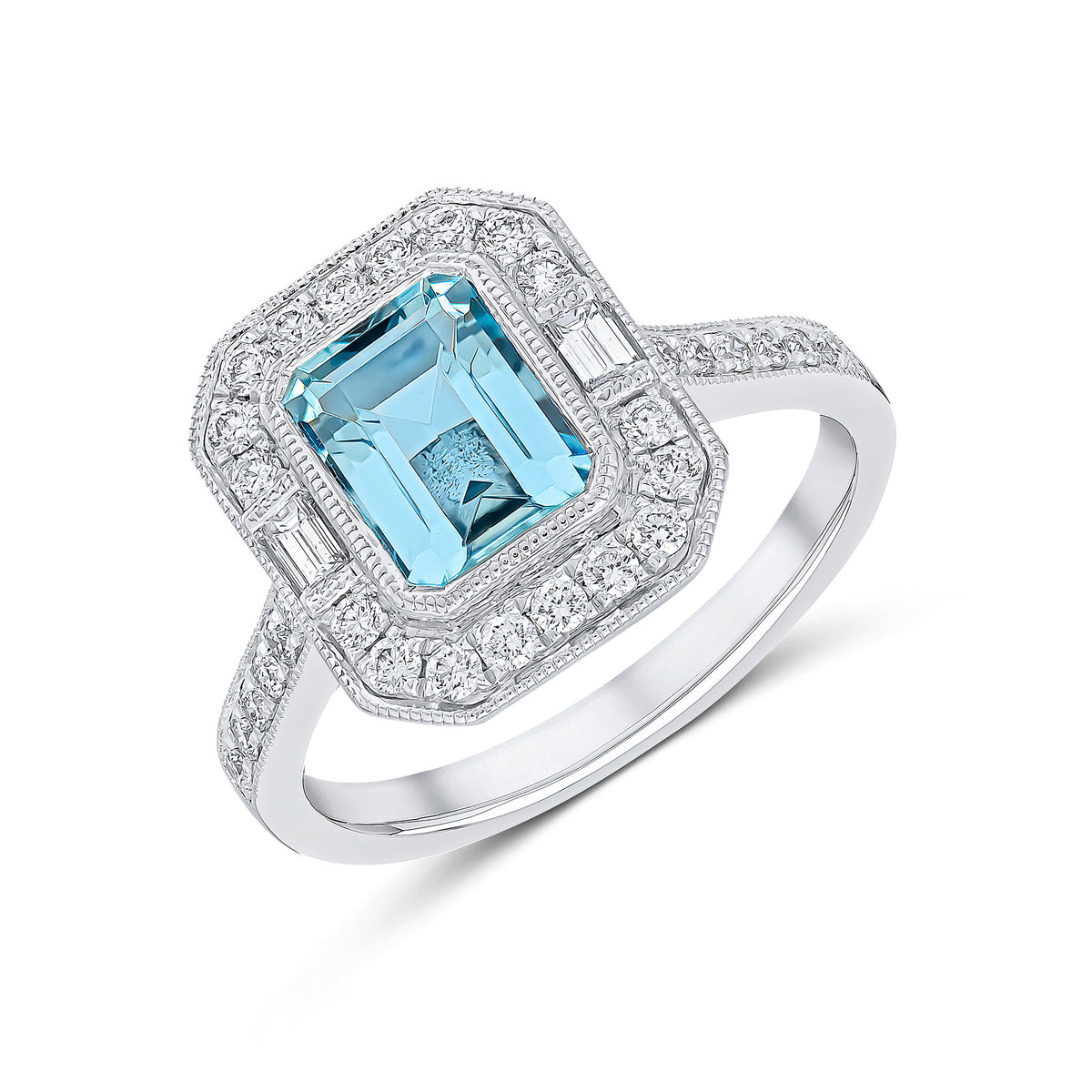 18CT WG OCTAGON AQUA AND ROUND AND BAGUETTE DIAMOND MILLEGRAIN CLUSTER RING  WITH DIAMOND SET SHOULDERS