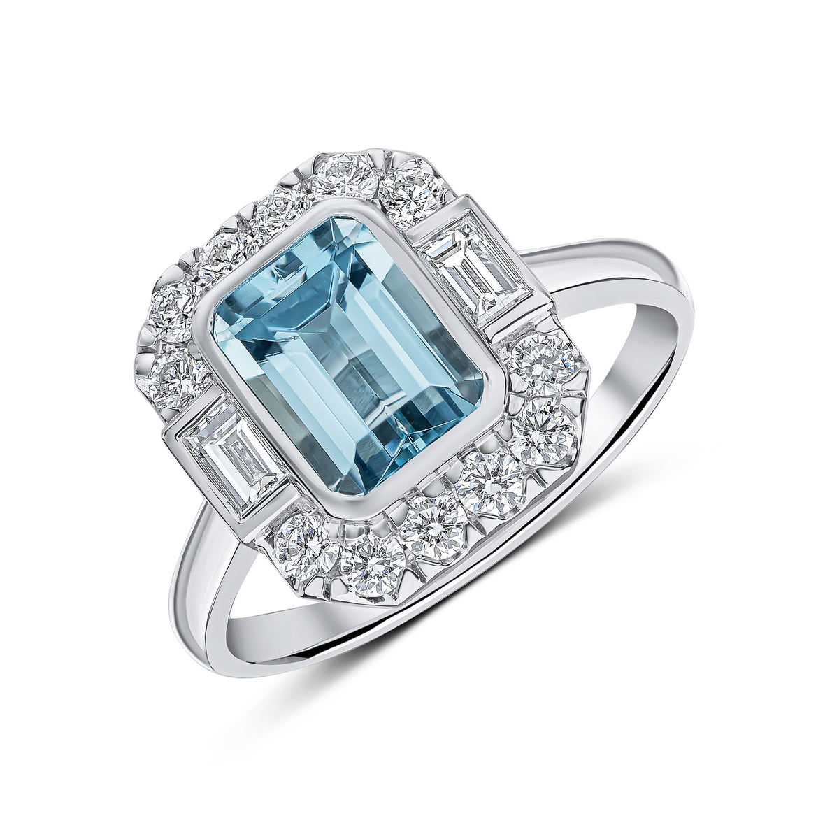 18CT WG OCTAGON AQUA AND ROUND AND BAGUETTE DIAMOND RUBOVER AND GRAIN SET  CLUSTER RING WITH DIAMOND SET SHOULDERS