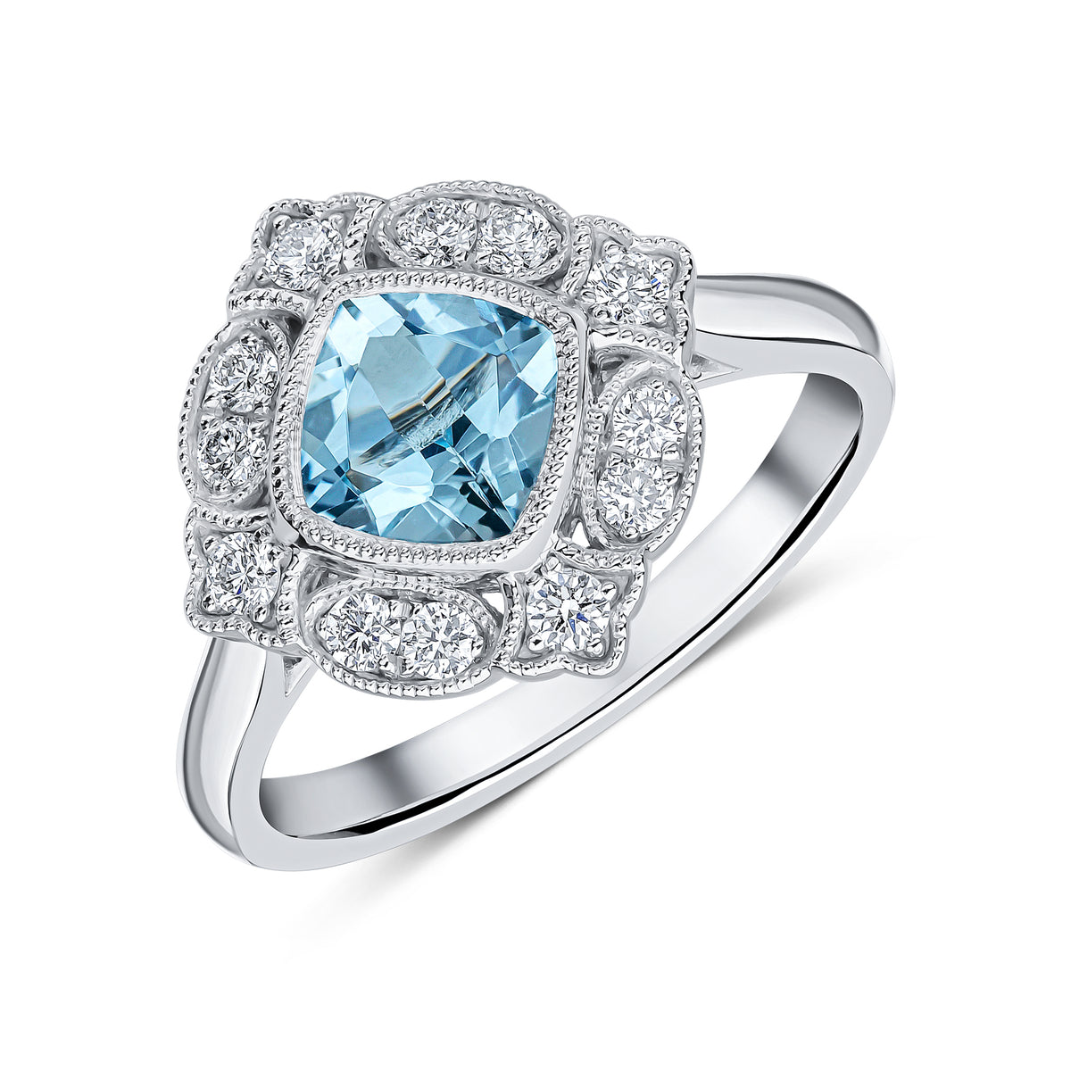 18CT WG CUSHION AQUA AND ROUND DIAMOND MILLEGRAIN SET FANCY CLUSTER RING