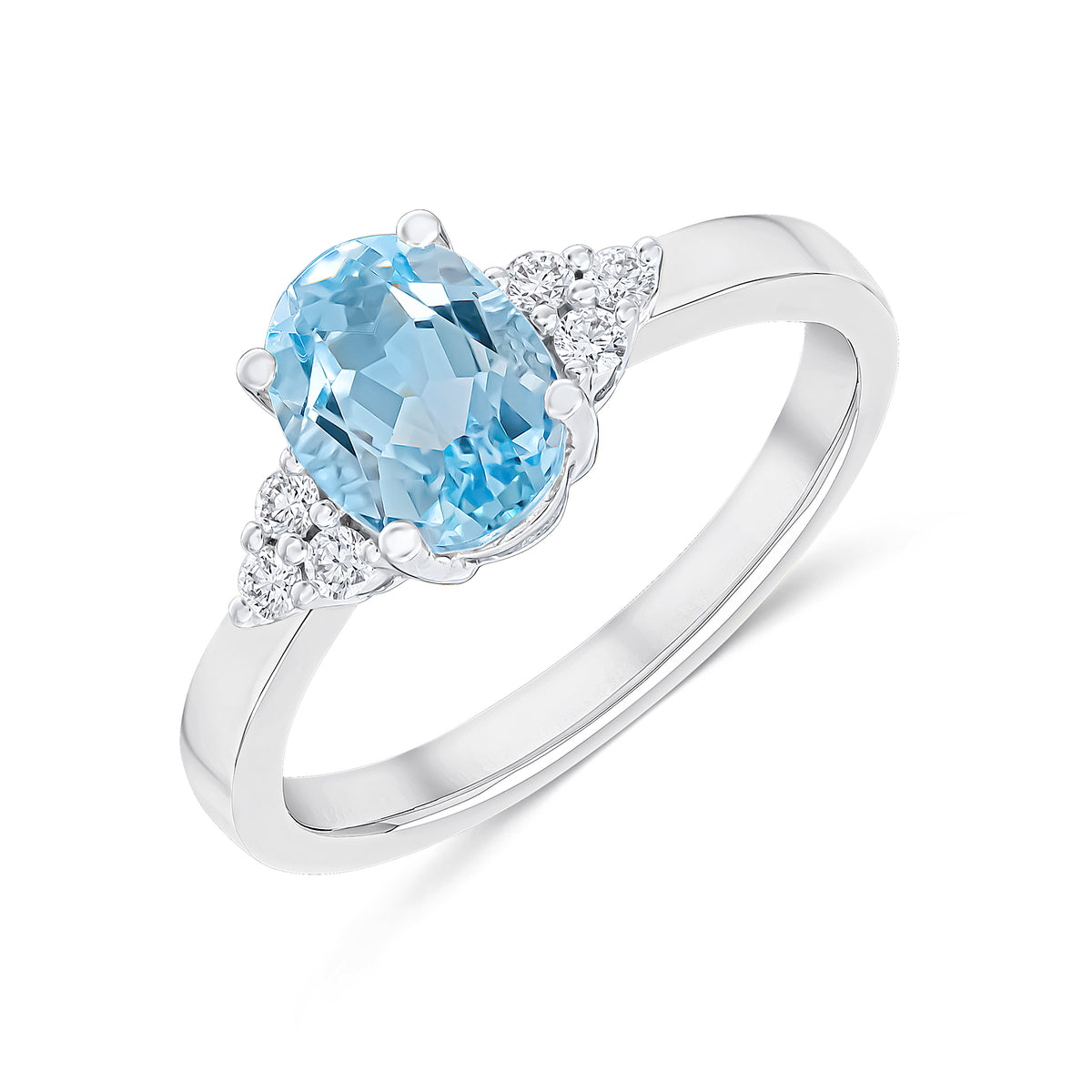 18CT WG 8X6MM OVAL AQUA AND DIAMOND TREFOIL SHOULDERS CLAW SET RING