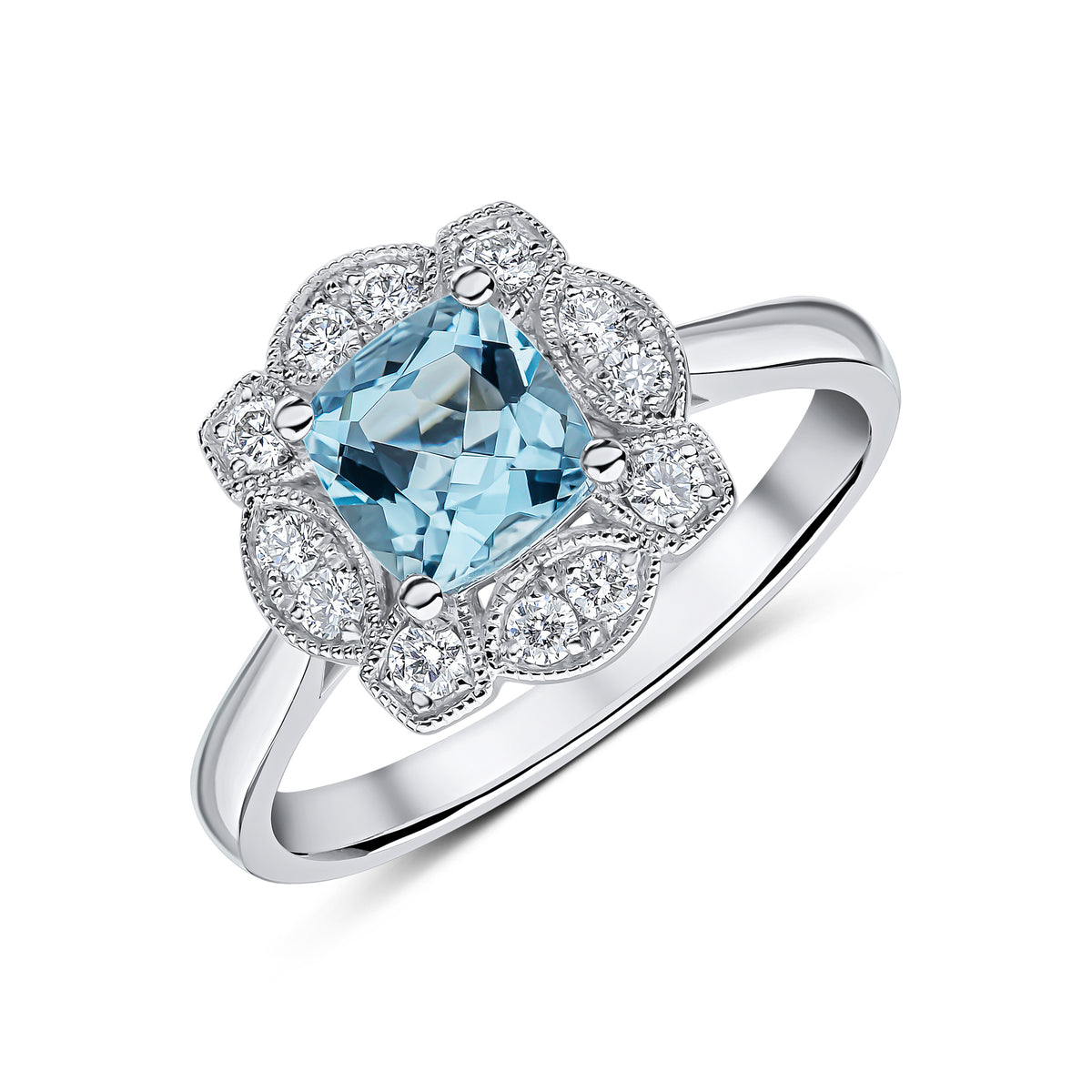 18CT WG CUSHION AQUA & MILLEGRAIN DIAMOND FANCY CLUSTER RING