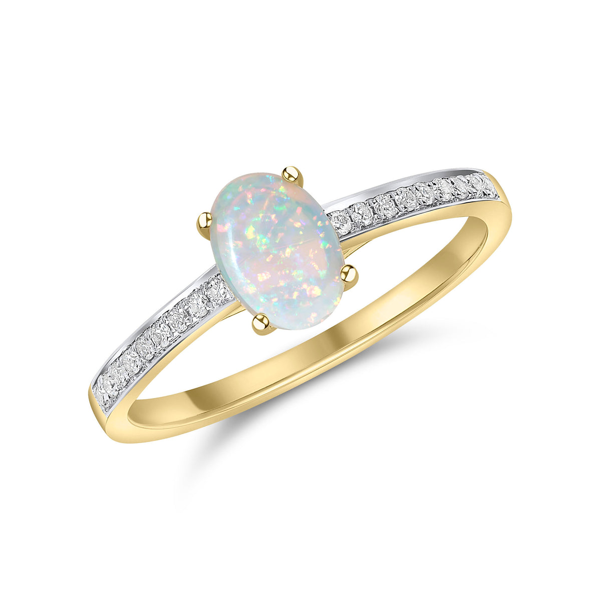18CT YG 7X5 OVAL OPAL SINGLE STONE RING WITH DIAMOND SET SHOULDERS, RHODIUM TO DIAMONDS