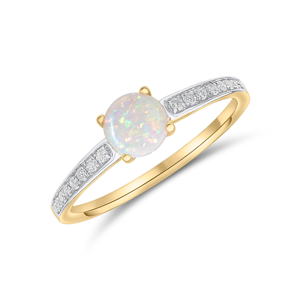 18CT YG 5.5MM ROUND OPAL SINGLE STONE RING WITH DIAMOND SET SHOULDERS. RHODIUM TO DIAMONDS