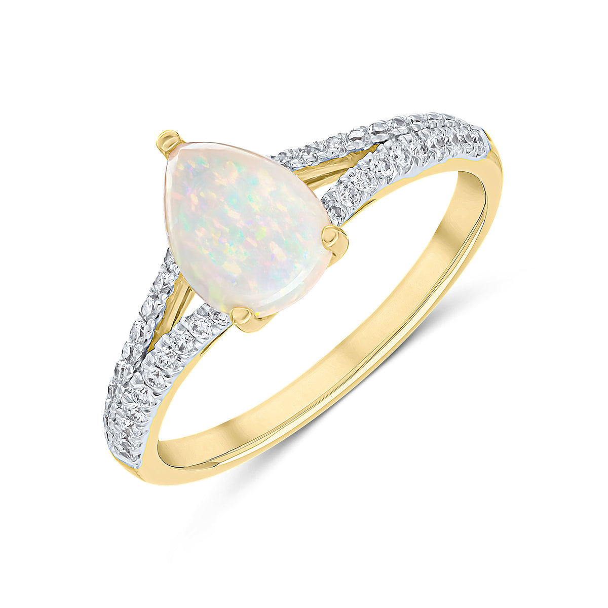 18CT YELLOW GOLD CLAW SET PEARSHAPE OPAL & GRAIN SET ROUND DIAMOND SPLIT BAND RING RHODIUM TO DIAMONDS
