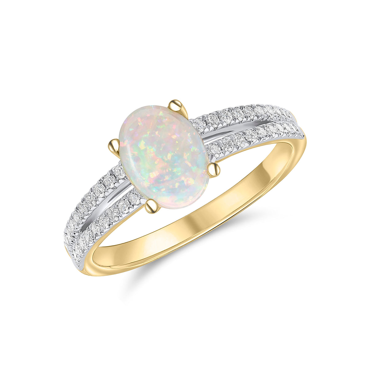 18CT YG CLAW SET 8X6 OVAL OPAL SINGLE STONE RING WITH DIAMOND SET SPLIT SHOULDERS. RHODIUM TO DIAMONDS