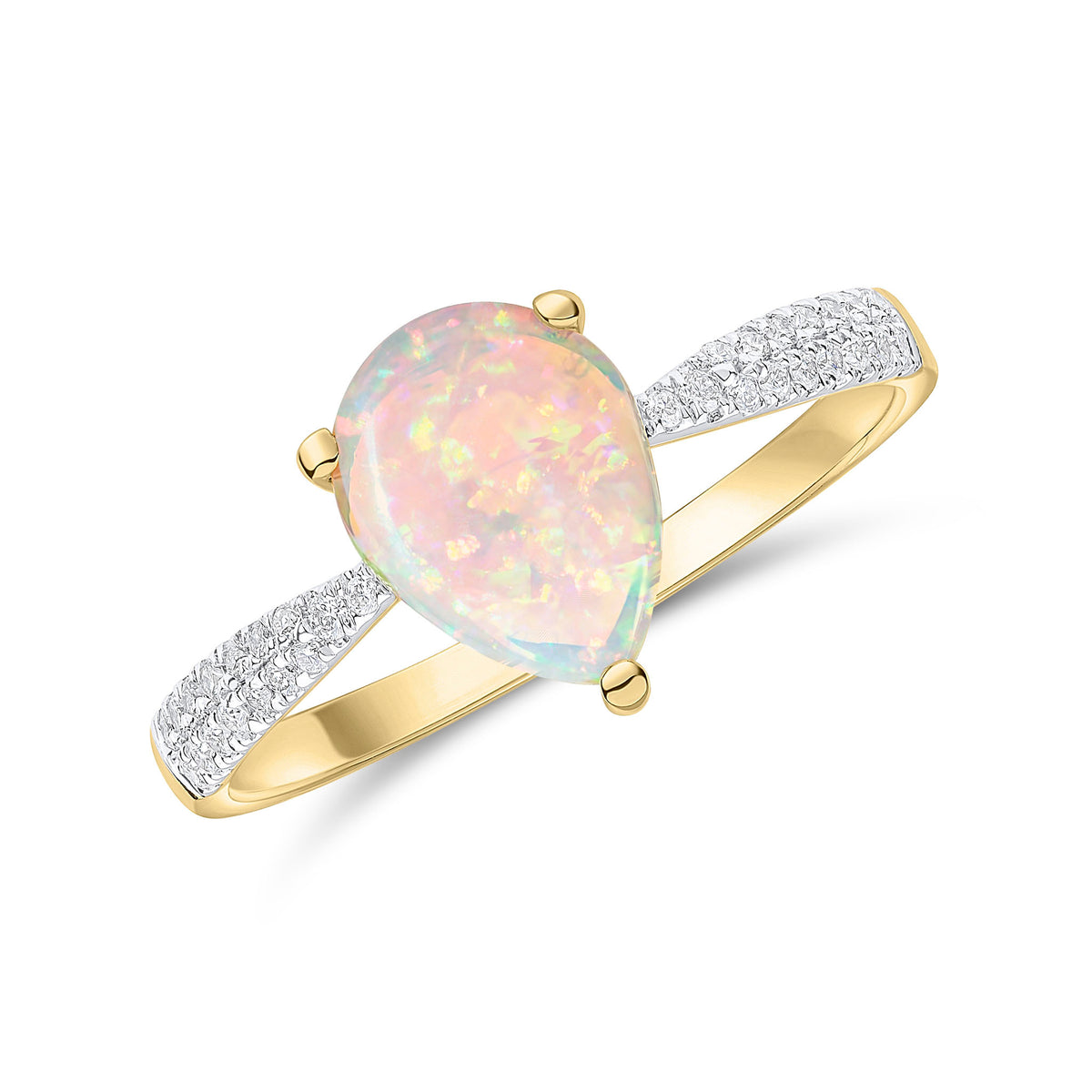 18CT YG 9X7 PEARSHAPE OPAL SINGLE STONE RING WITH DIAMOND SET SHOULDERS. SHOULDER, RHODIUM TO DIAMONDS