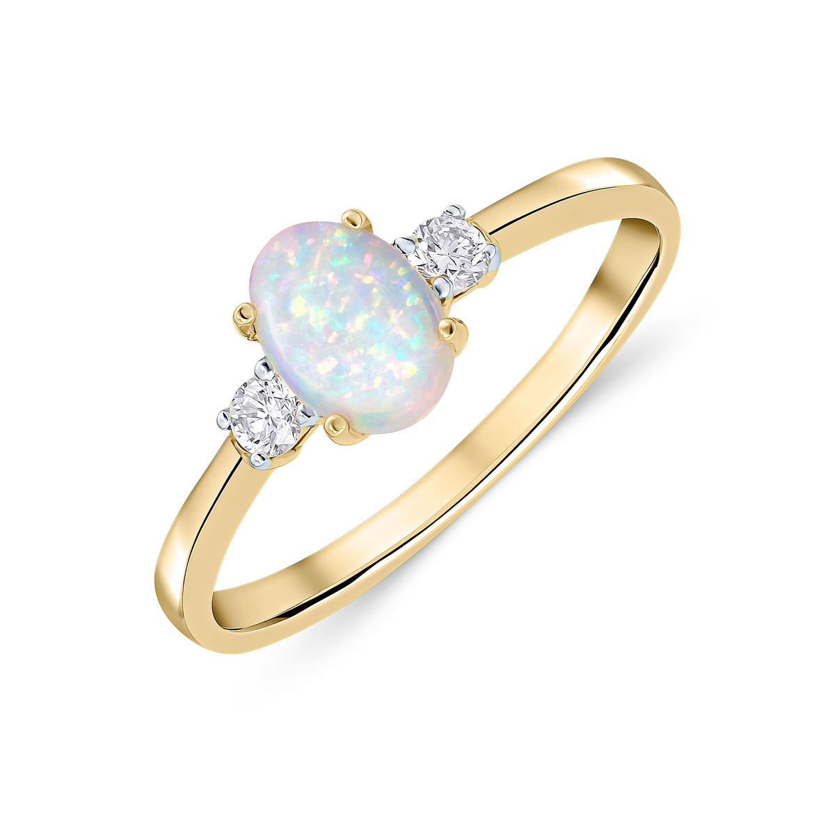 18CT YG 7X5 OVAL OPAL AND ROUND DIAMOND CLAW SET 3ST RING. RHODIUM TO DIAMONDS