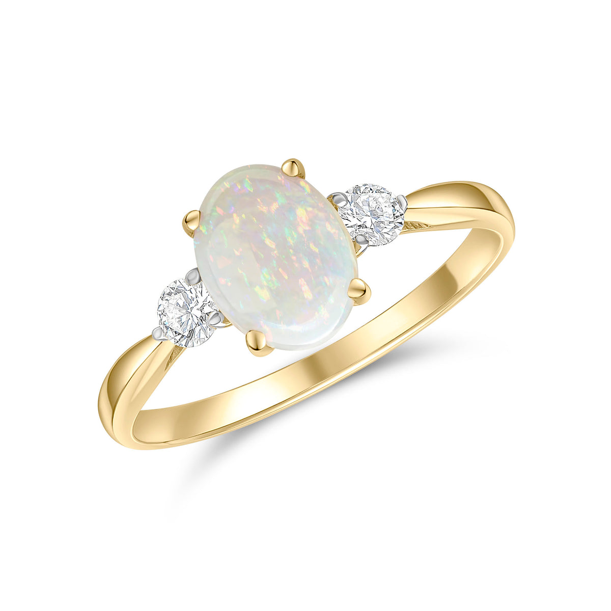18CT YG 8X6 OVAL OPAL AND ROUND DIAMOND CLAW SET 3ST RING. RHODIUM TO DIAMONDS