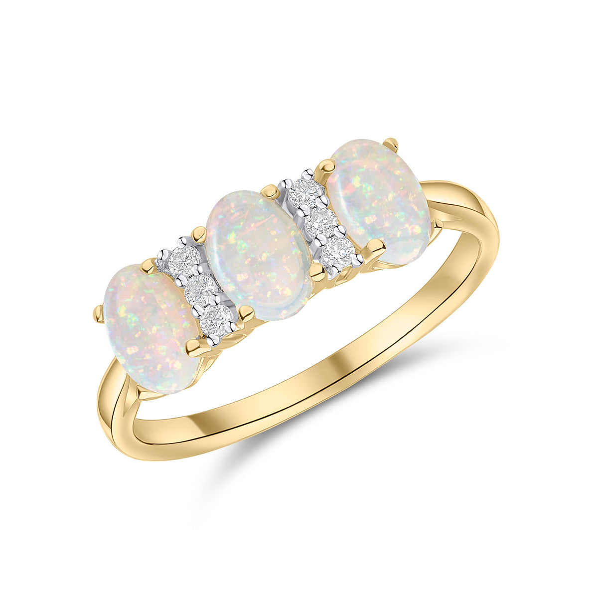 18CT YG OVAL OPAL & ROUND DIAMOND 9ST RING. RHODIUM TO DIAMONDS