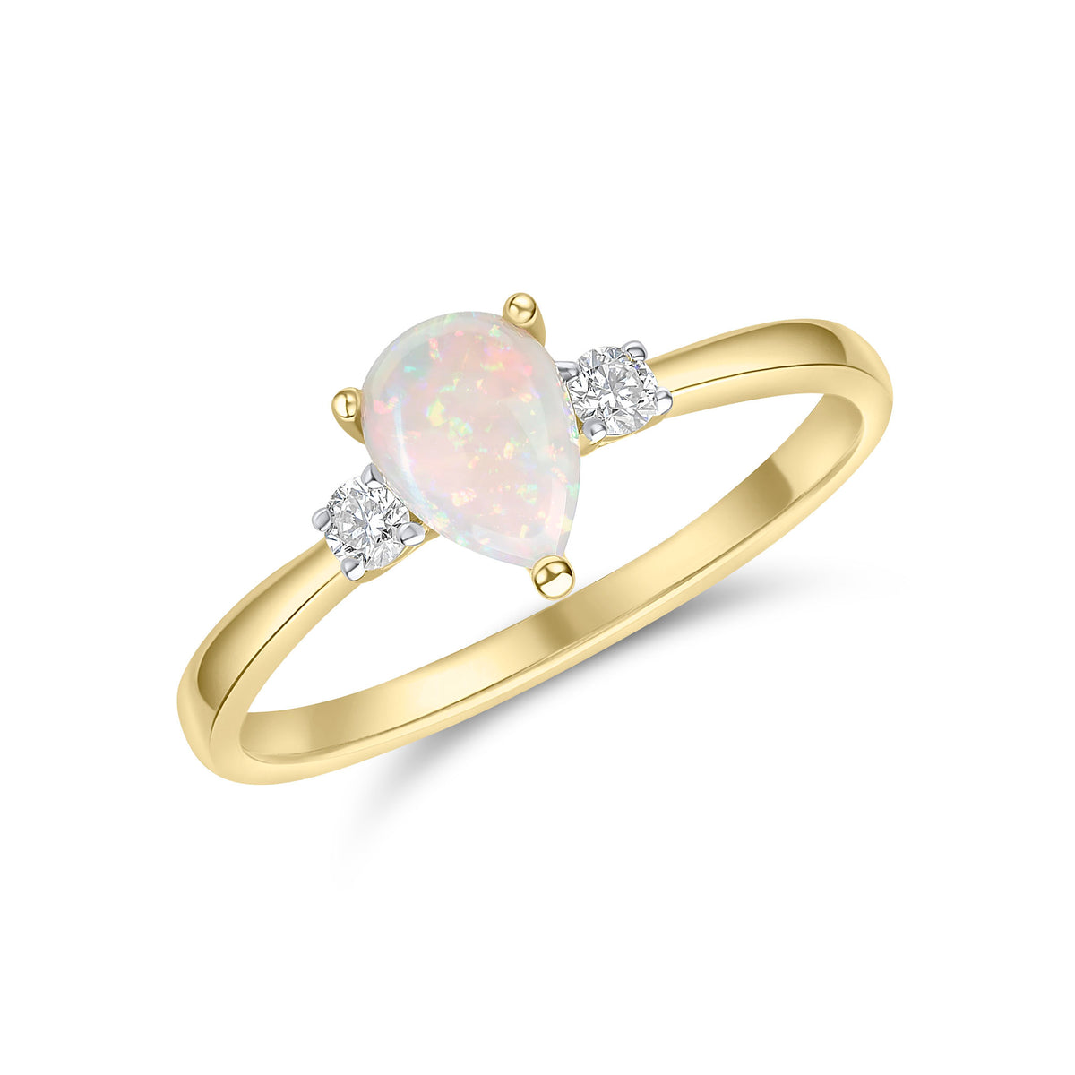 18CT YG 7X5 PEARSHAPE OPAL & ROUND DIAMOND CLAW SET 3ST RING. RHODIUM TO DIAMONDS